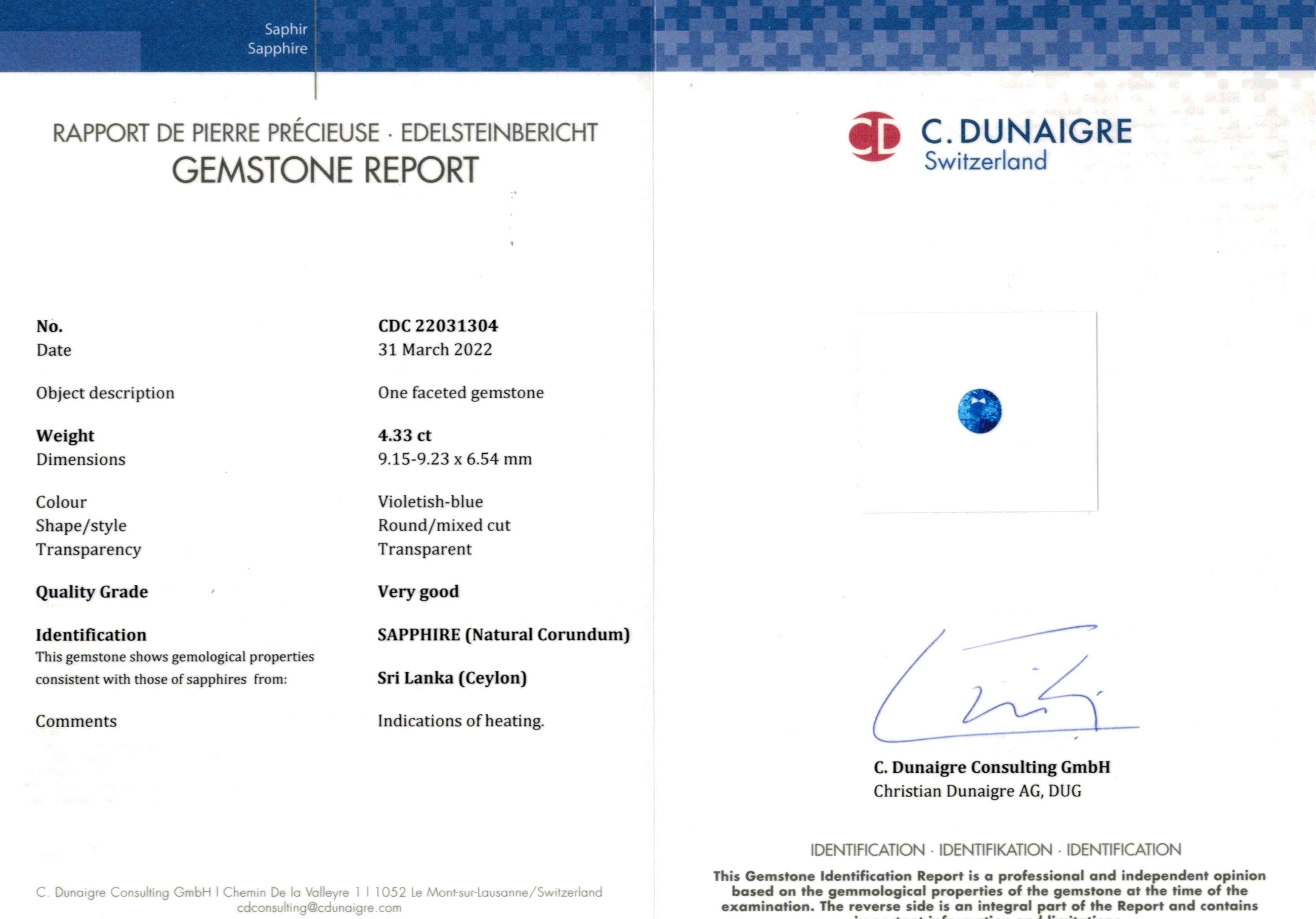 4.33 Ct. Purplish Blue Sapphire from Ceylon (Sri Lanka)