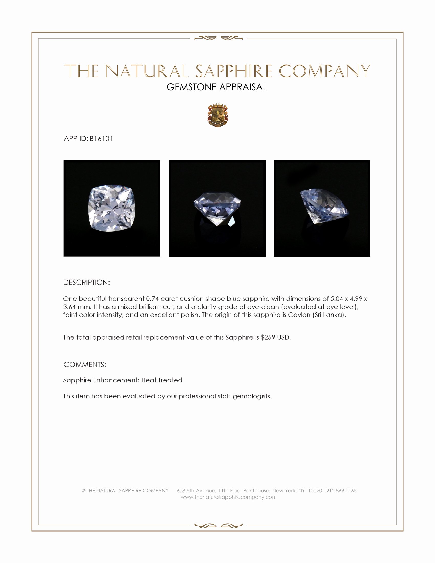 0.74 Ct. Blue Sapphire from Ceylon (Sri Lanka)