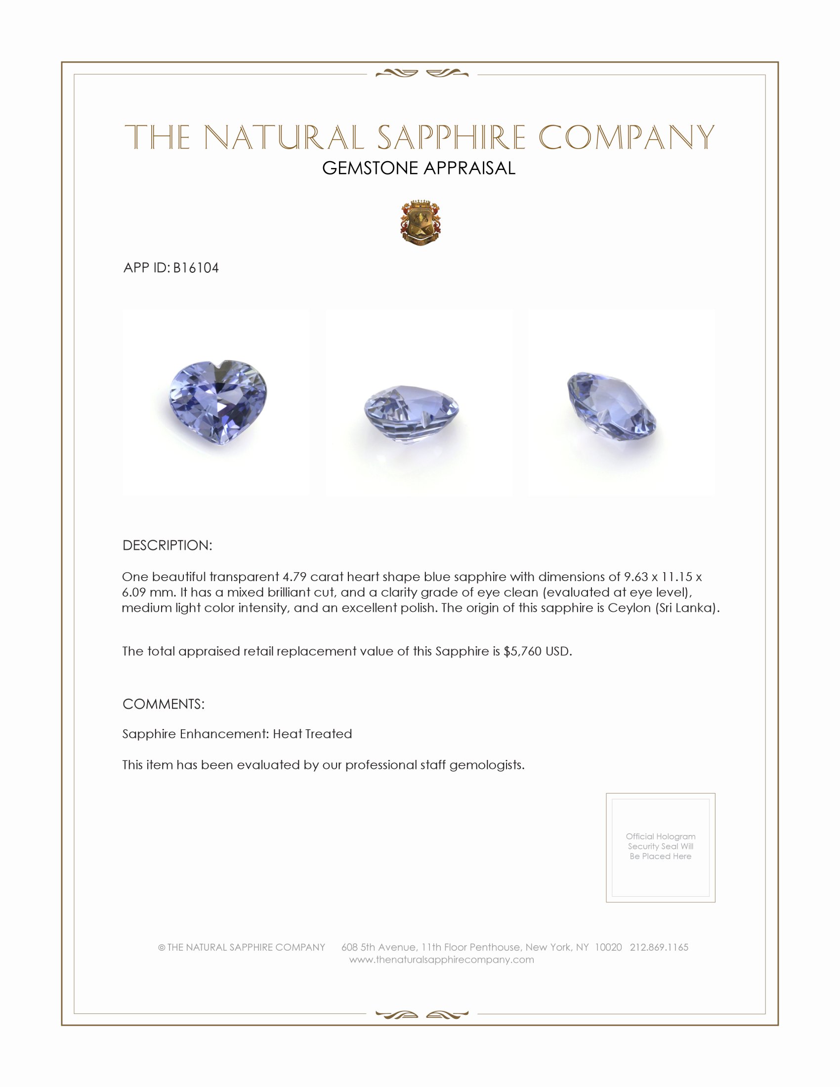 4.79 Ct. Blue Sapphire from Ceylon (Sri Lanka)