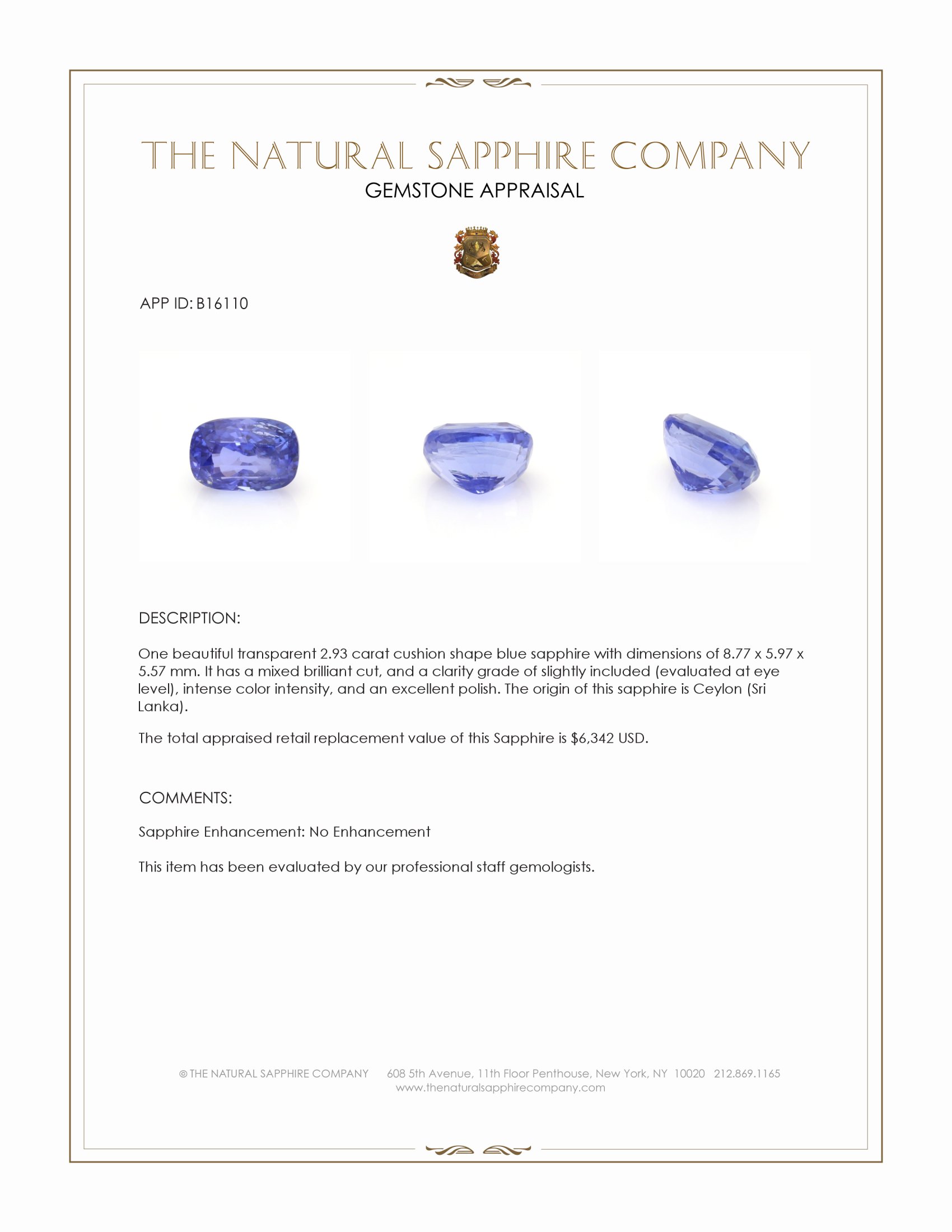 2.93 Ct. Blue Sapphire from Ceylon (Sri Lanka)