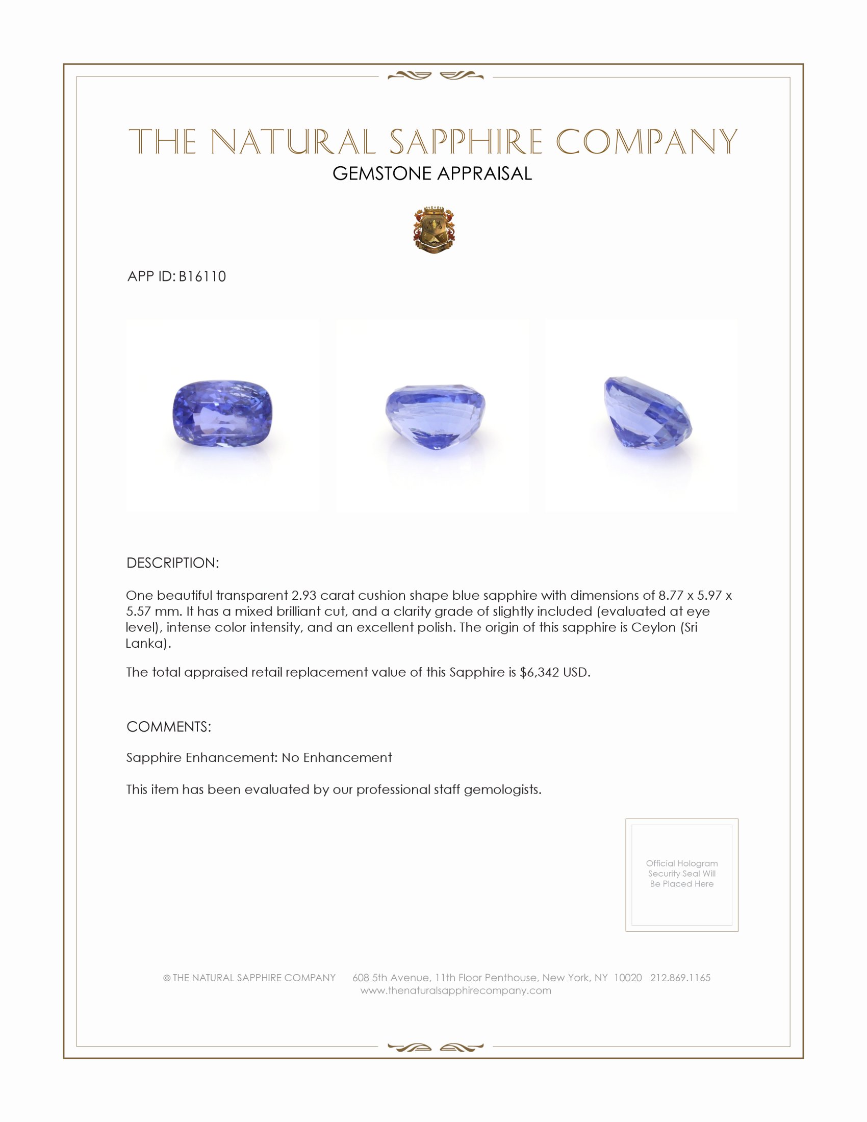 2.93 Ct. Blue Sapphire from Ceylon (Sri Lanka)
