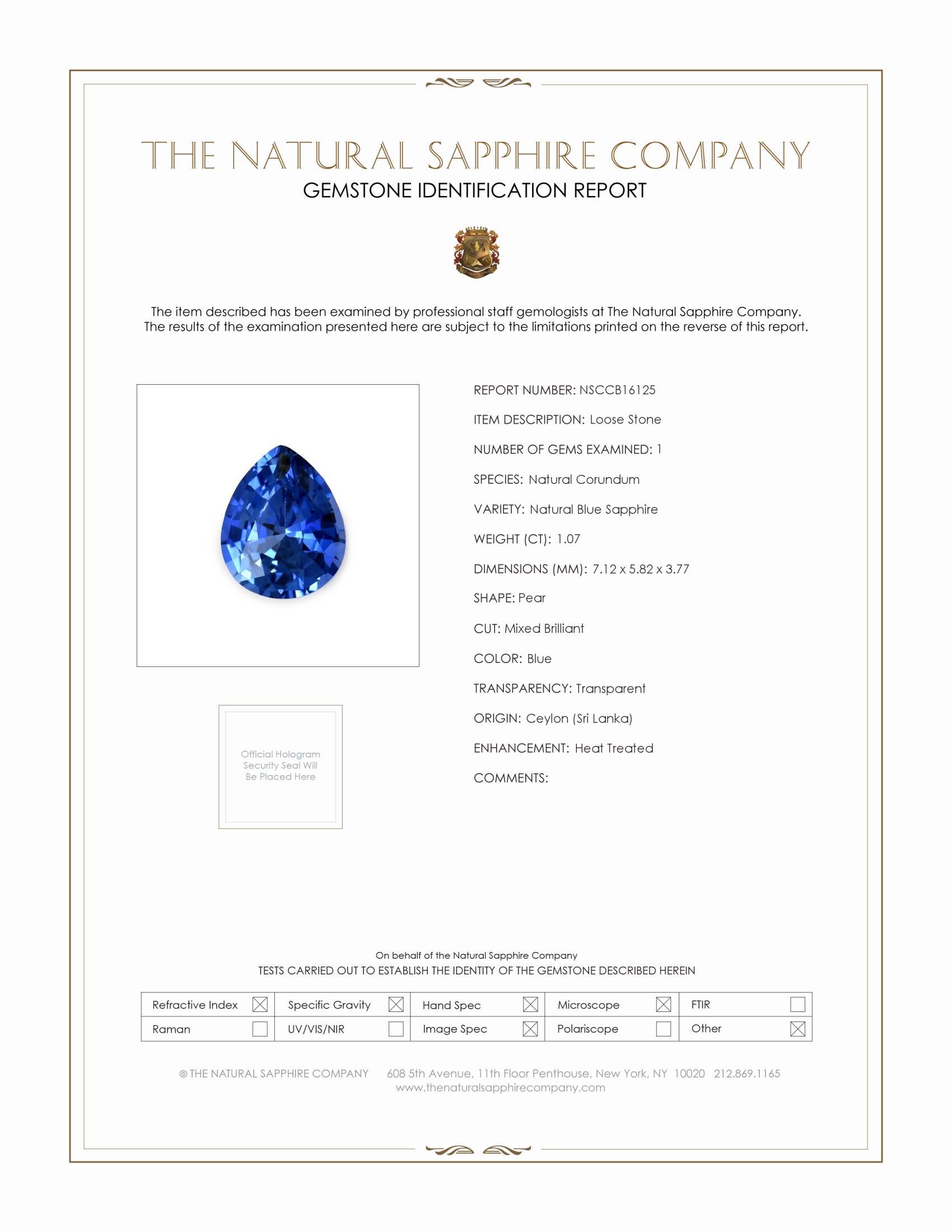 1.07 Ct. Blue Sapphire from Ceylon (Sri Lanka)