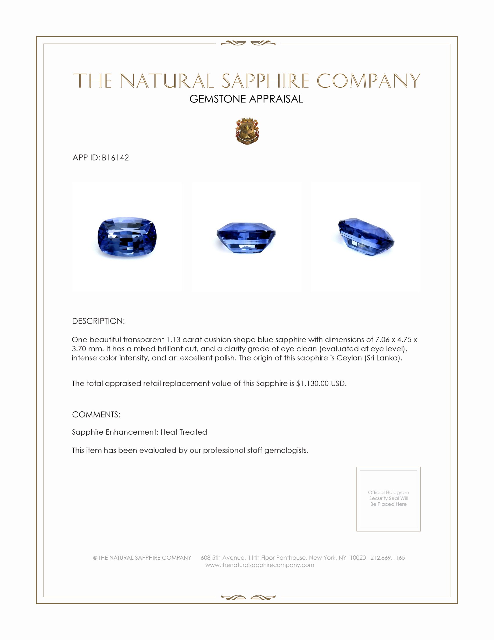 1.13 Ct. Blue Sapphire from Ceylon (Sri Lanka)