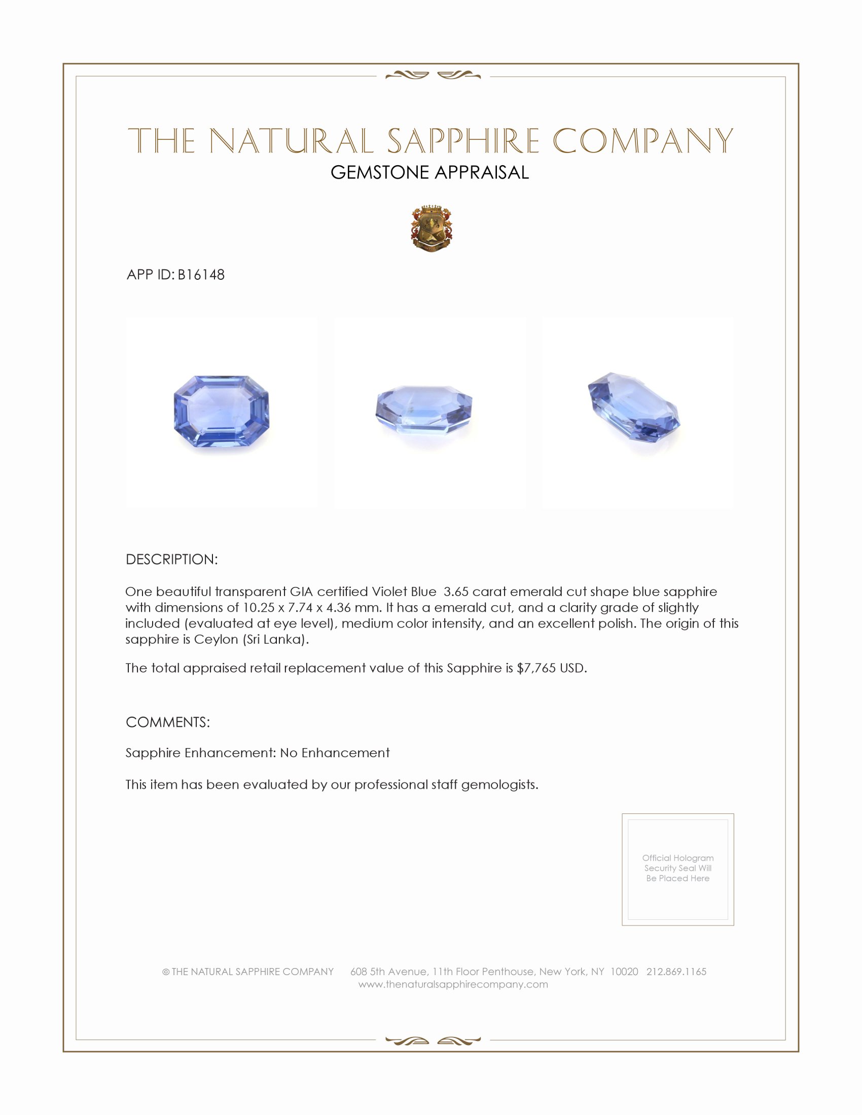 3.65 Ct. Blue Sapphire from Ceylon (Sri Lanka)
