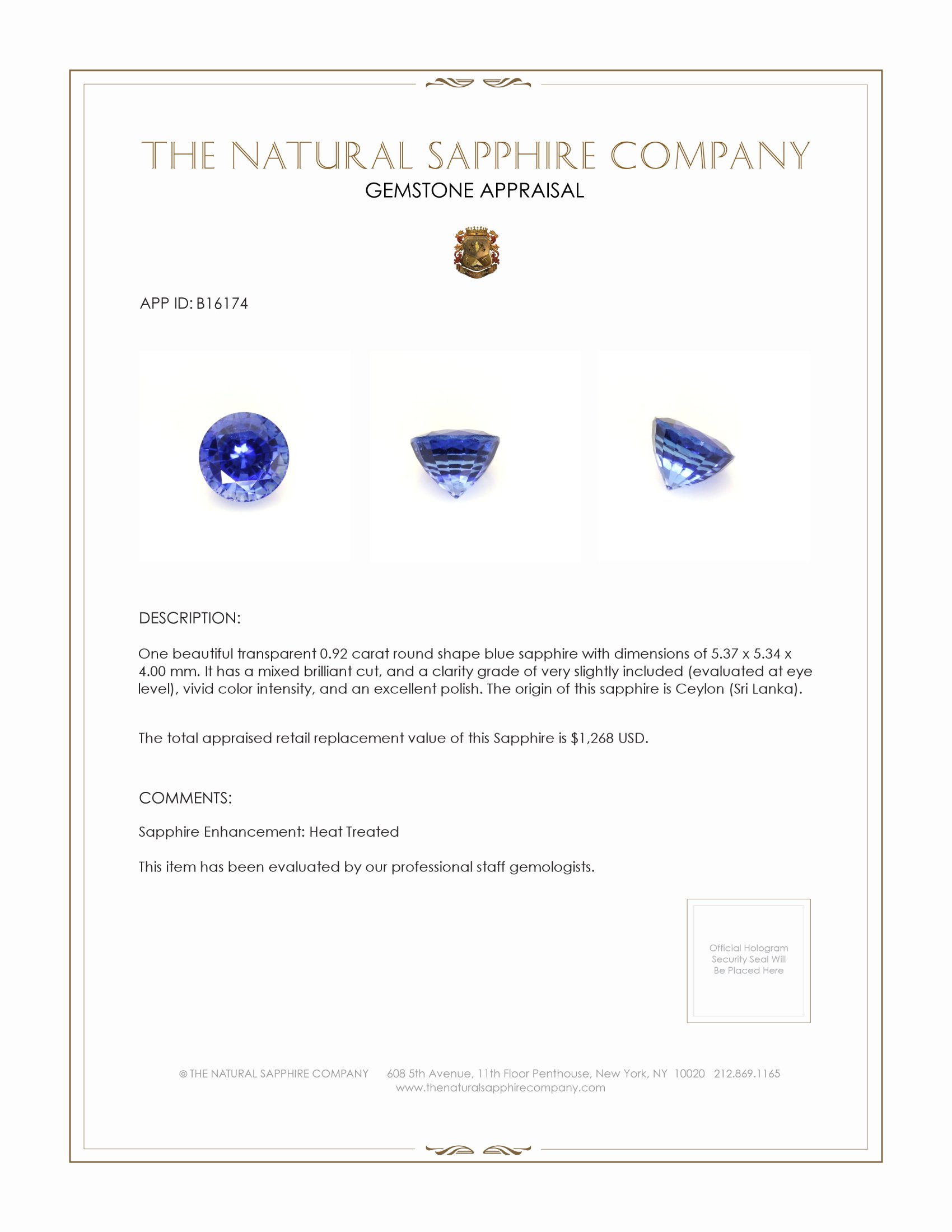 0.92 Ct. Blue Sapphire from Ceylon (Sri Lanka)