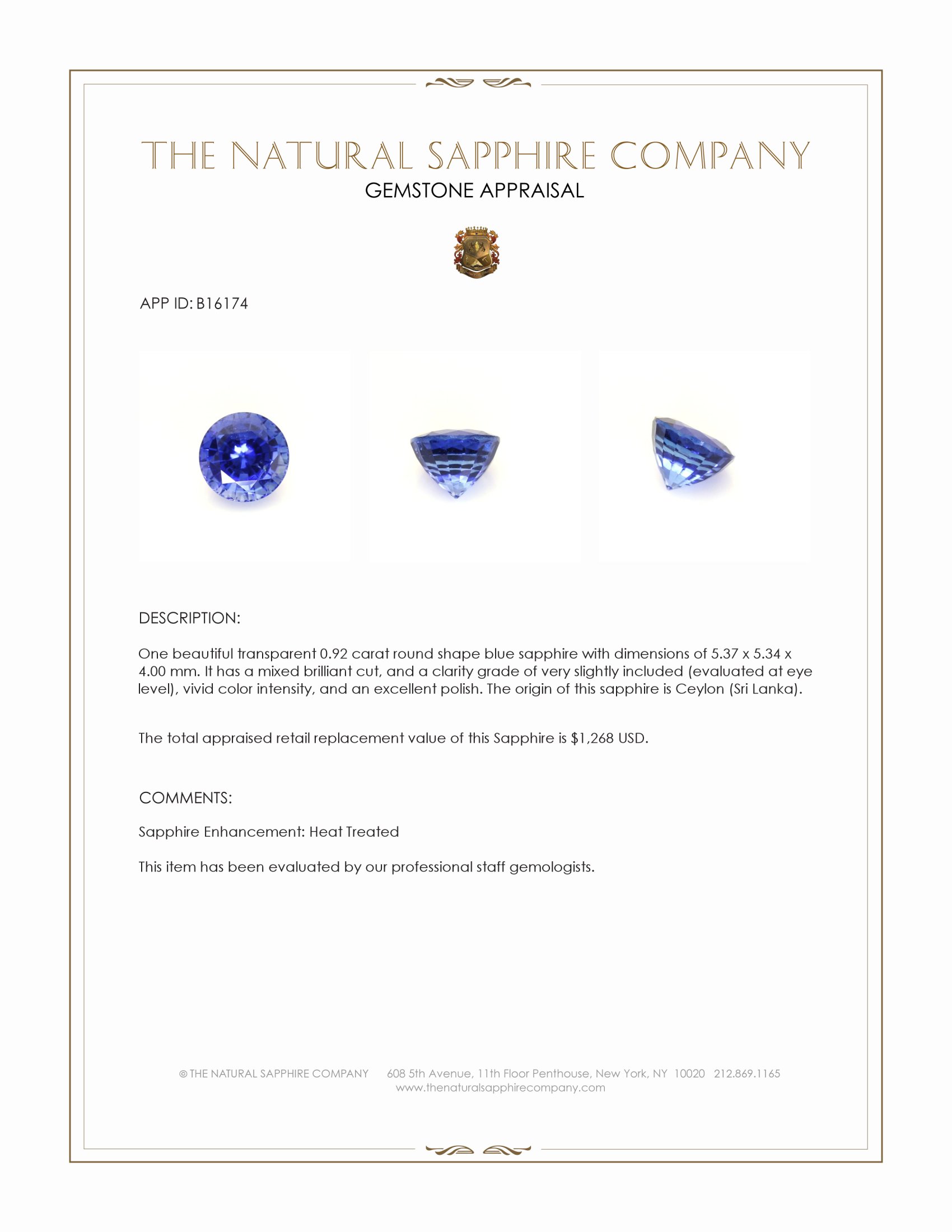 0.92 Ct. Blue Sapphire from Ceylon (Sri Lanka)