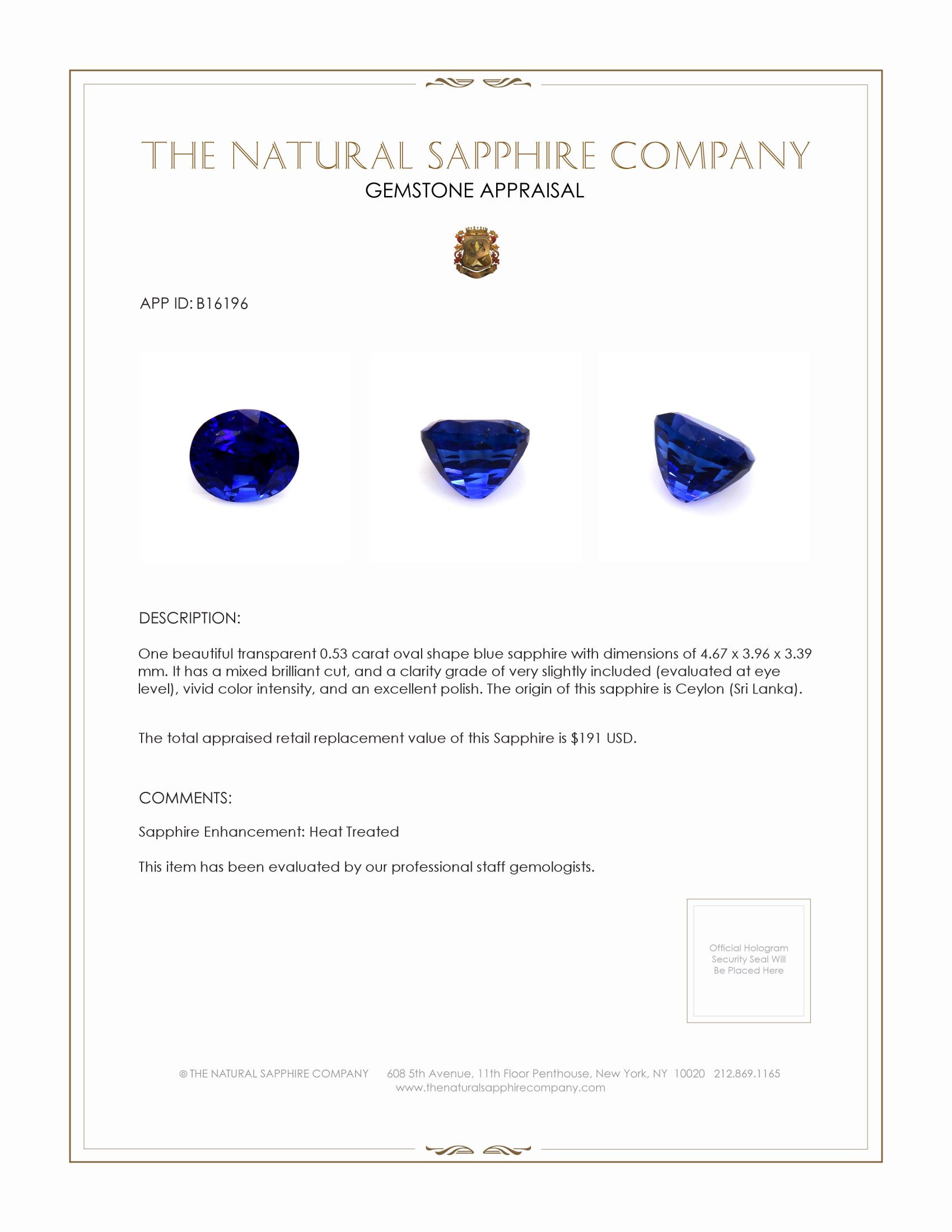 0.53 Ct. Blue Sapphire from Ceylon (Sri Lanka)