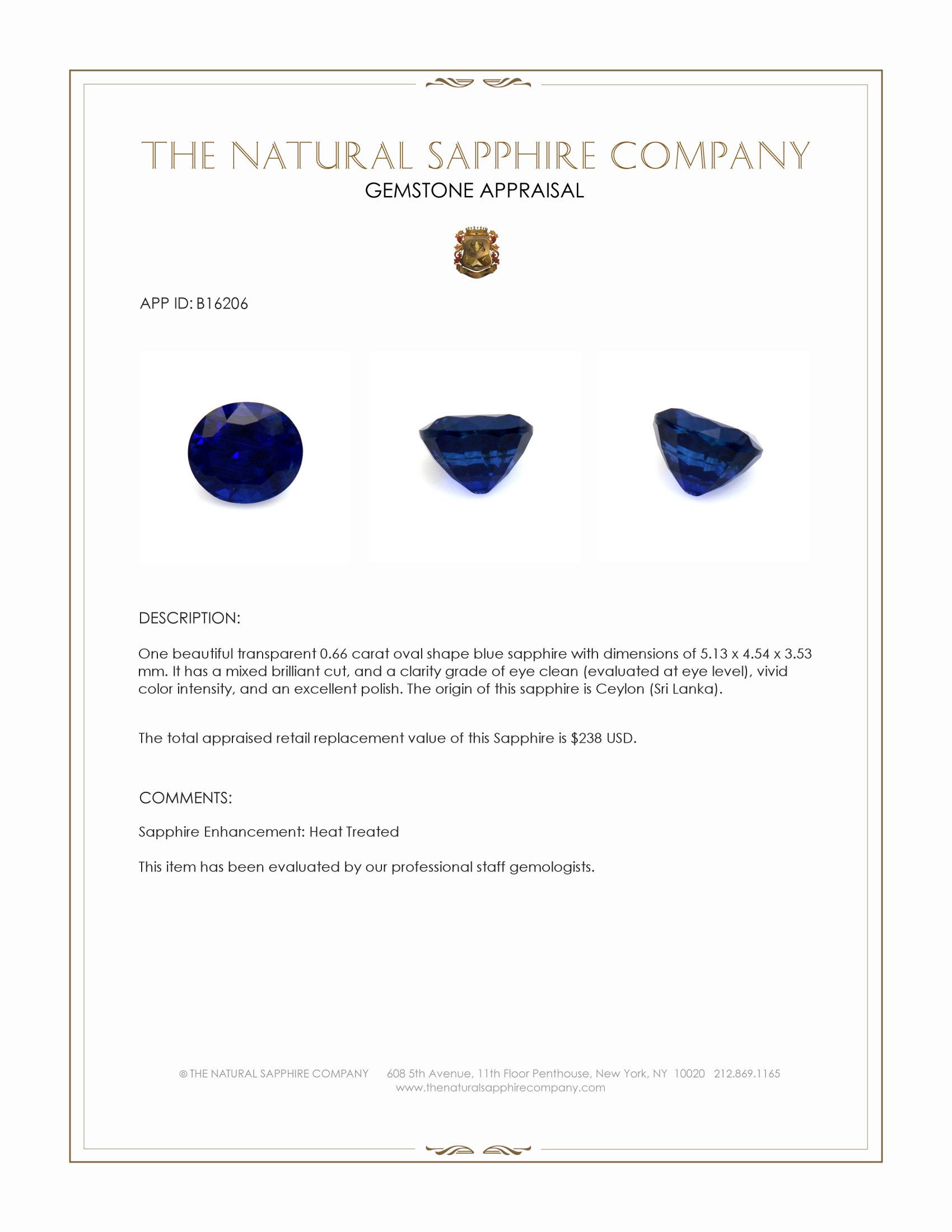 0.66 Ct. Blue Sapphire from Ceylon (Sri Lanka)
