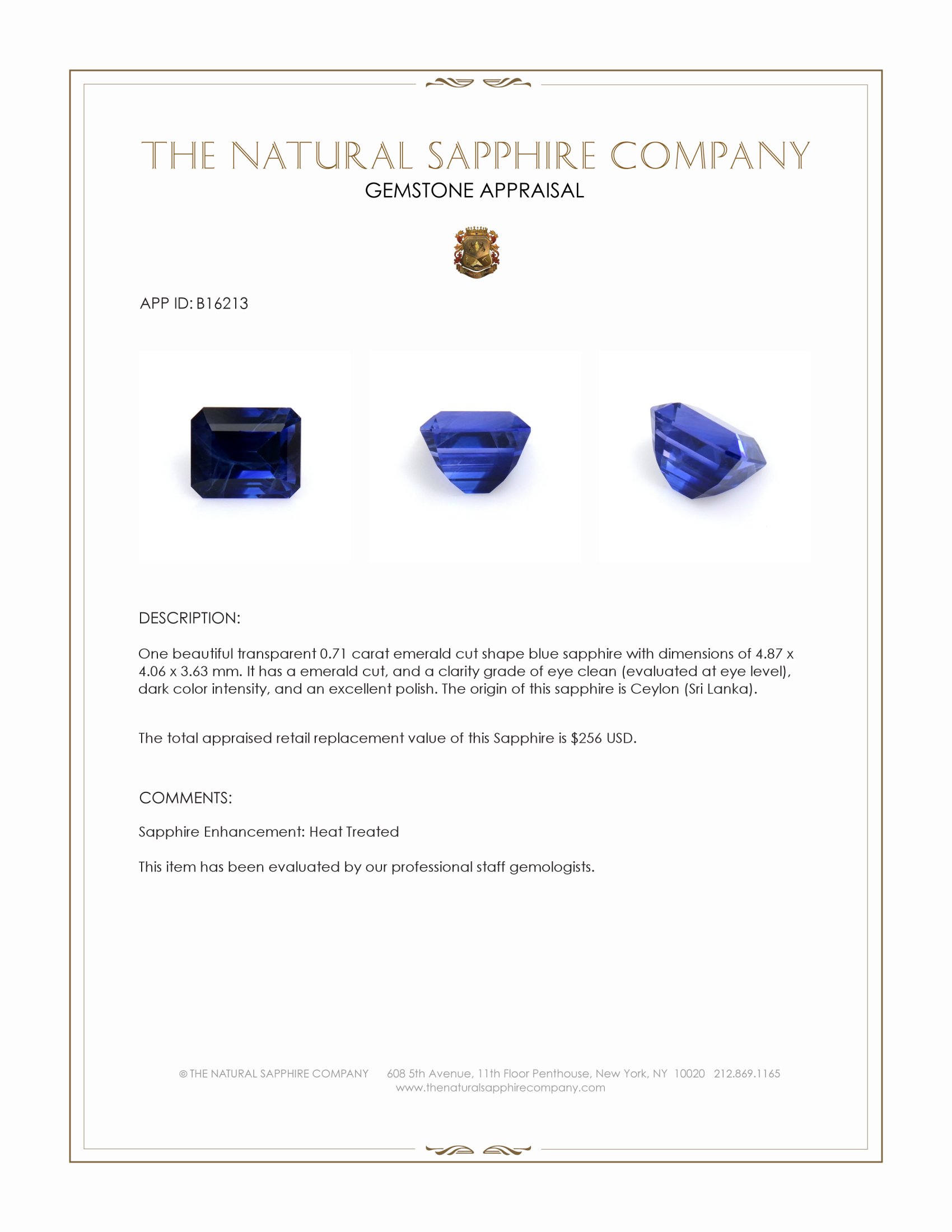 0.71 Ct. Blue Sapphire from Ceylon (Sri Lanka)