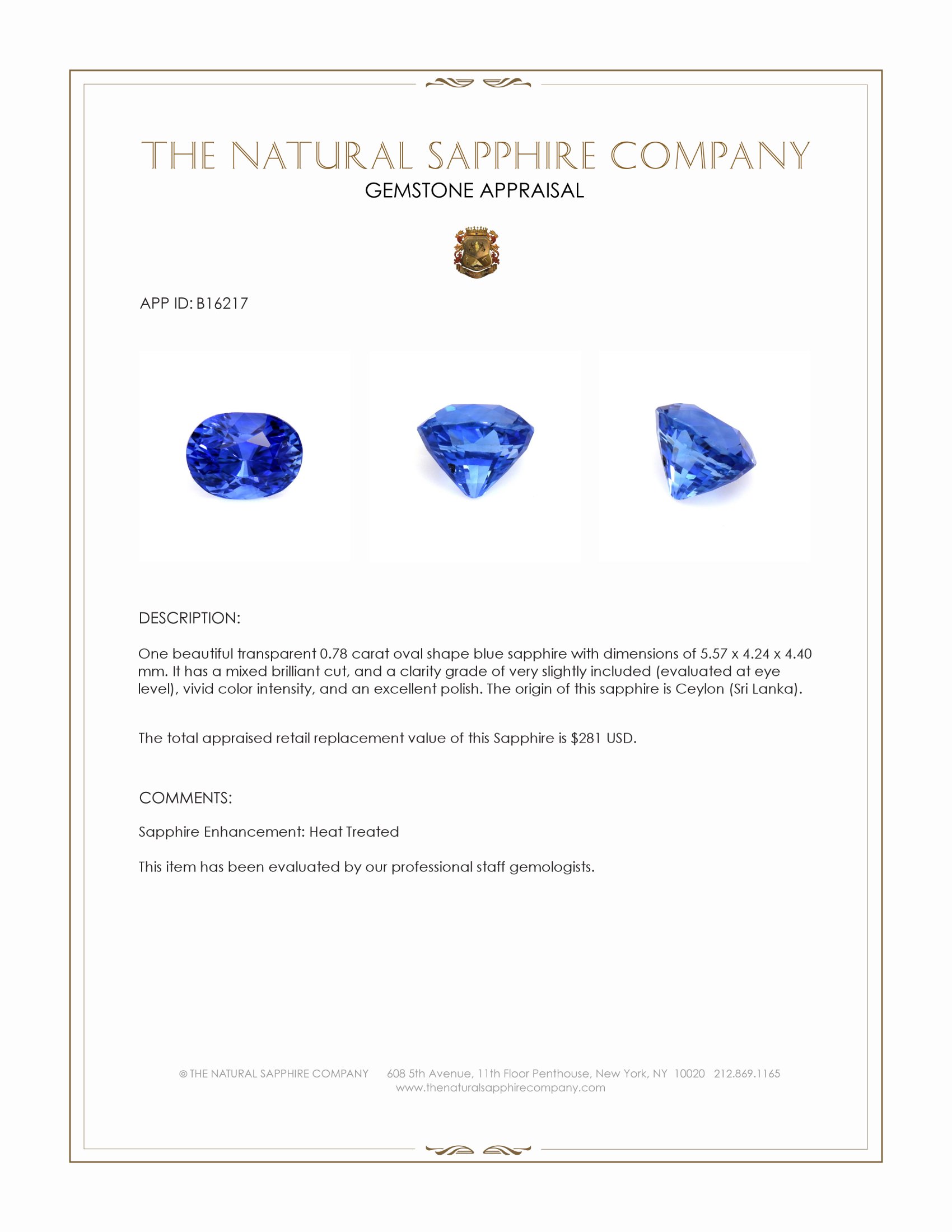 0.78 Ct. Blue Sapphire from Ceylon (Sri Lanka)