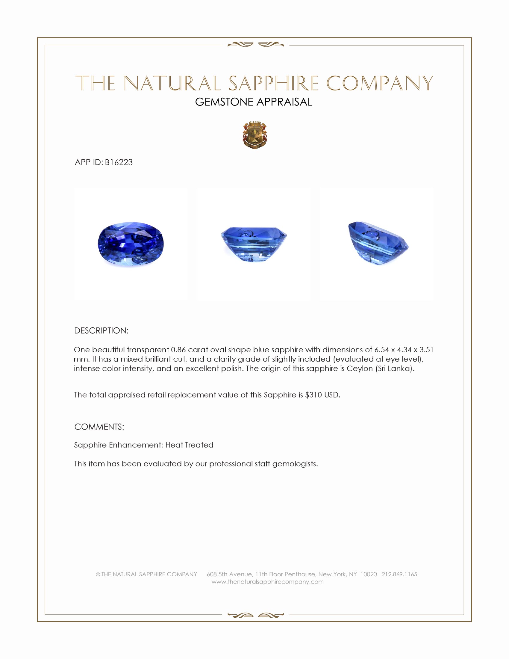 0.86 Ct. Blue Sapphire from Ceylon (Sri Lanka)