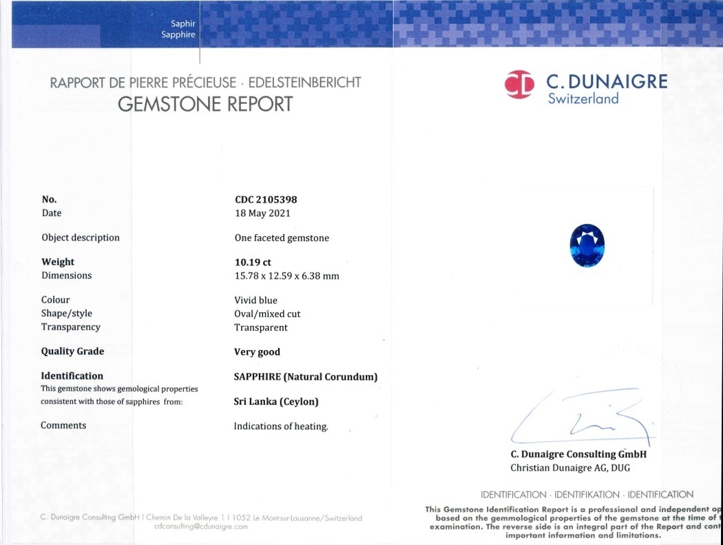 10.19 Ct. Blue Sapphire from Ceylon (Sri Lanka)