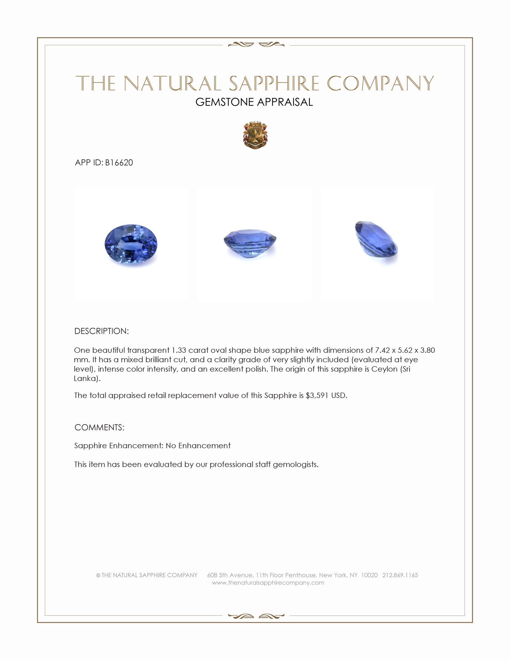 1.33 Ct. Blue Sapphire from Ceylon (Sri Lanka)
