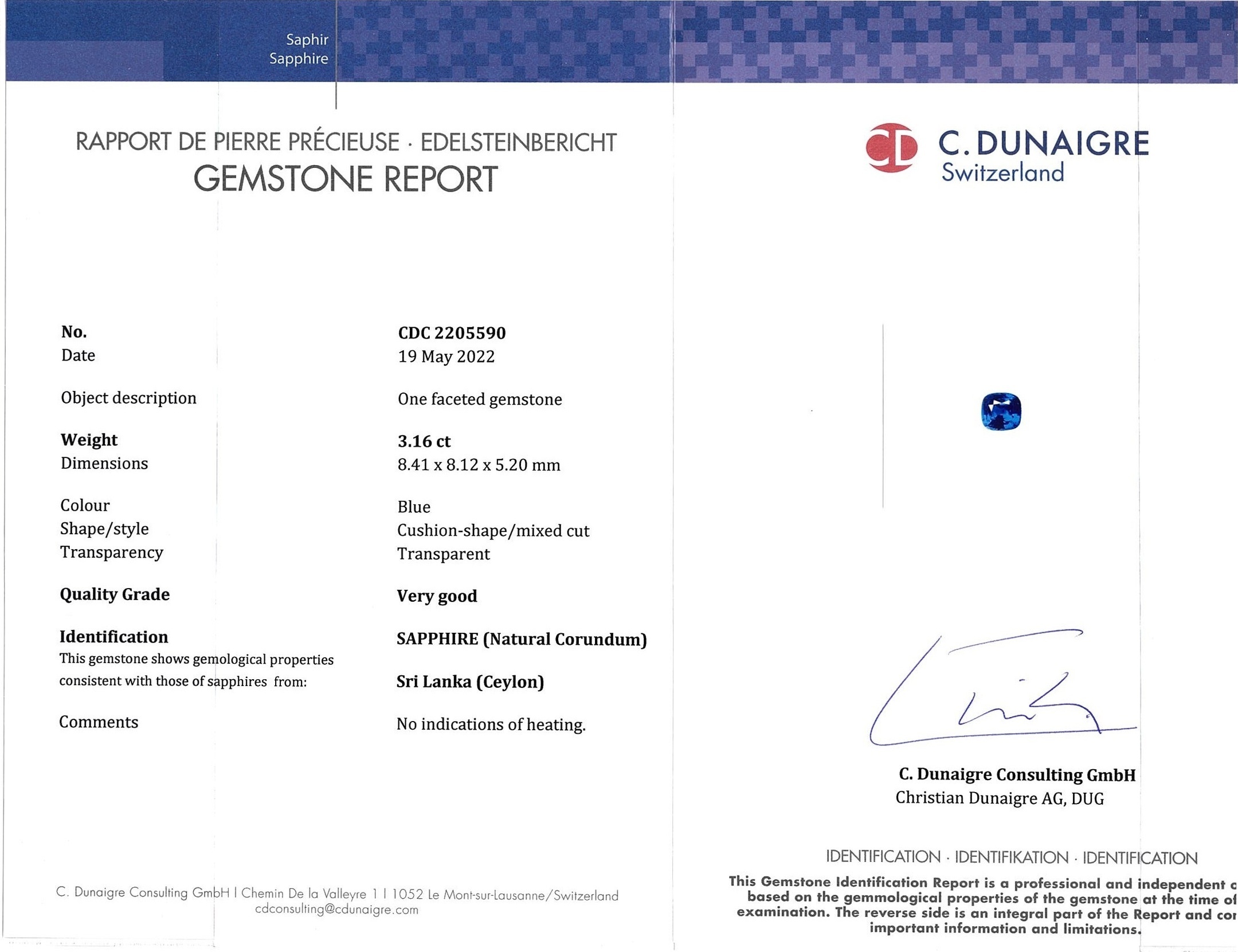 3.16 Ct. Blue Sapphire from Ceylon (Sri Lanka)