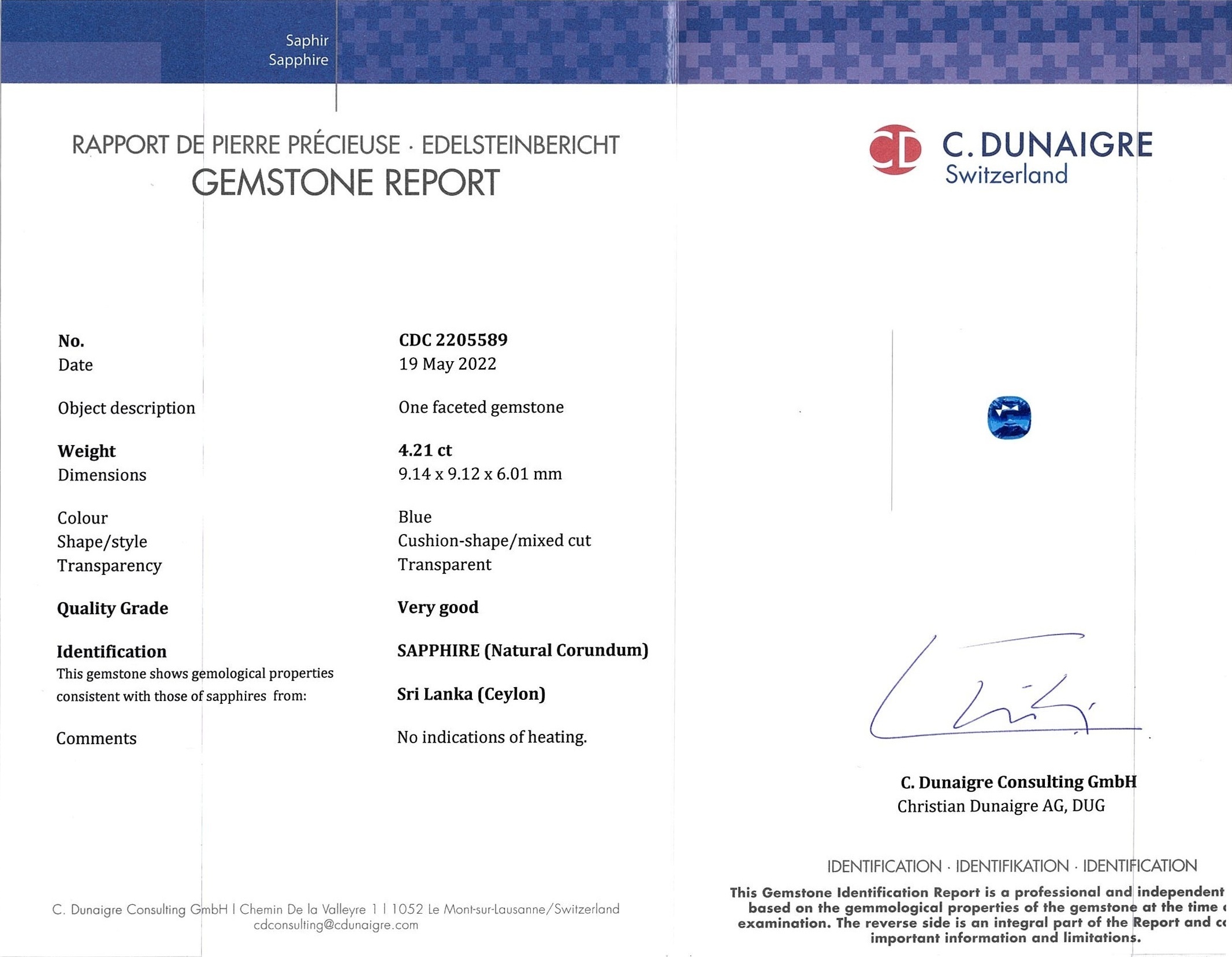 4.21 Ct. Blue Sapphire from Ceylon (Sri Lanka)