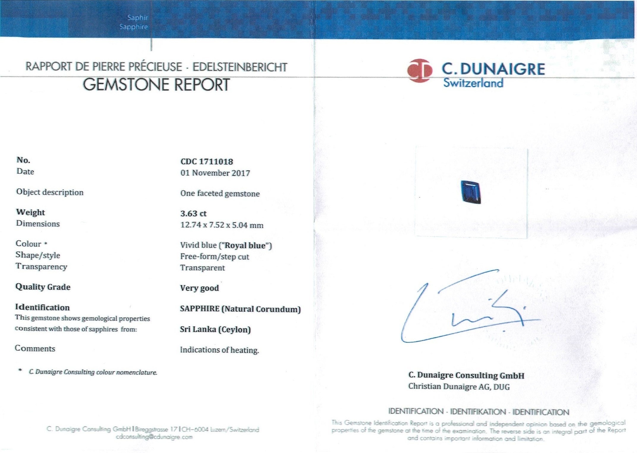 3.63 Ct. Blue Sapphire from Ceylon (Sri Lanka)