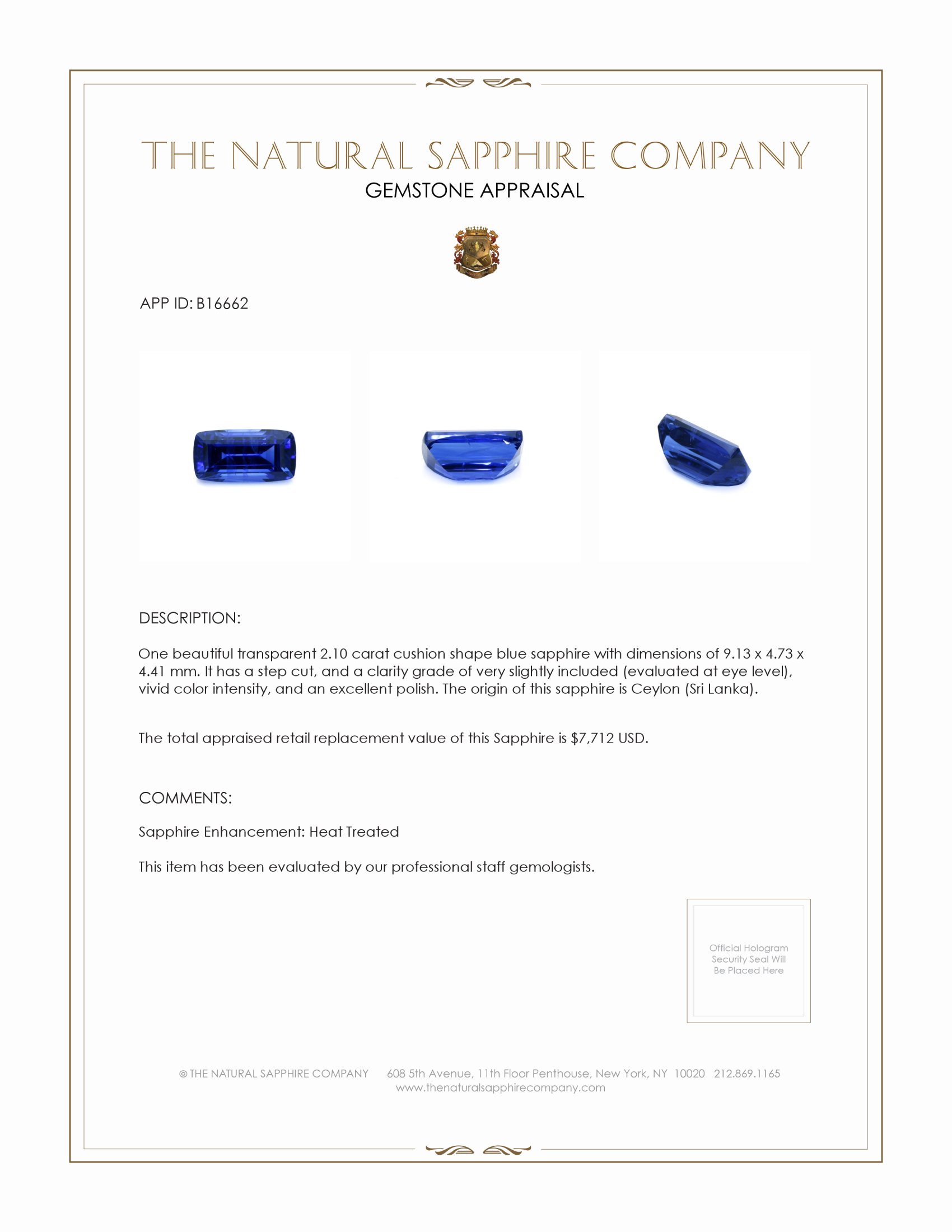 2.10 Ct. Blue Sapphire from Ceylon (Sri Lanka)