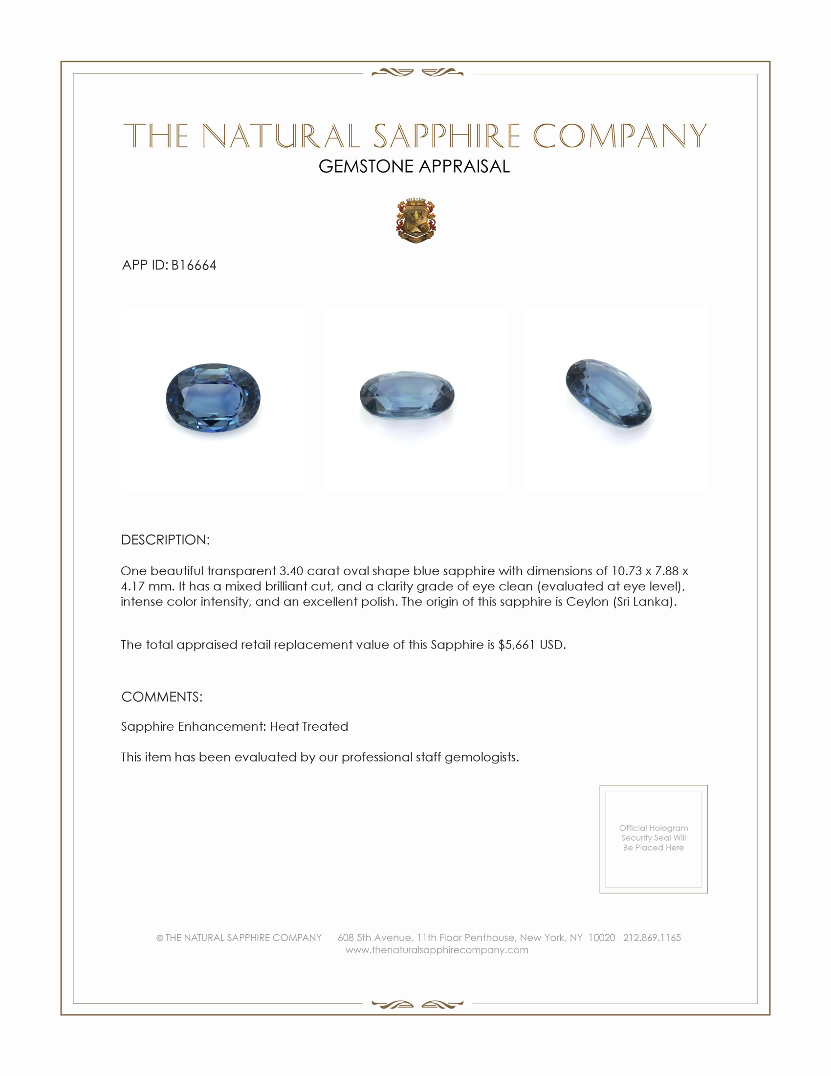 3.40 Ct. Blue Sapphire from Ceylon (Sri Lanka)