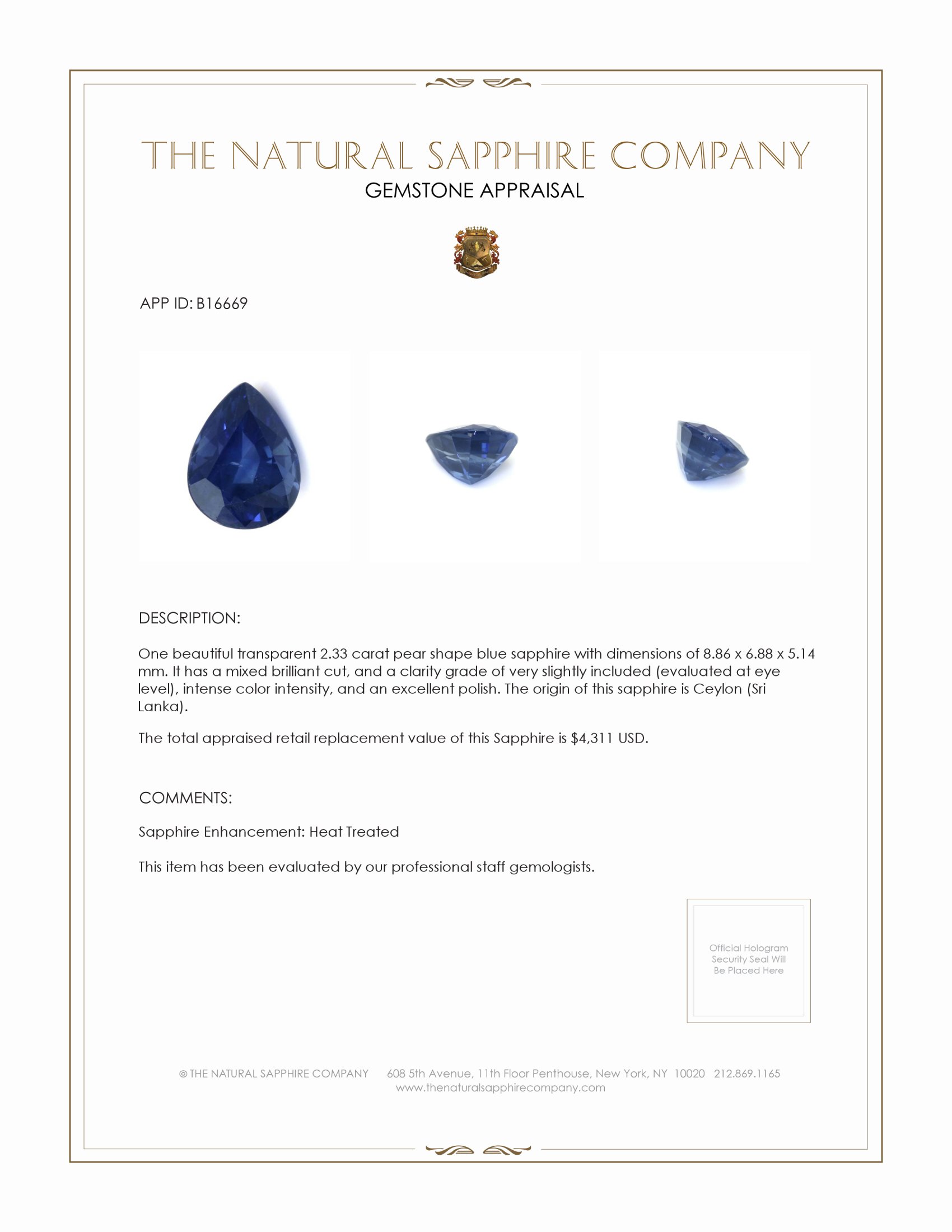 2.33 Ct. Blue Sapphire from Ceylon (Sri Lanka)