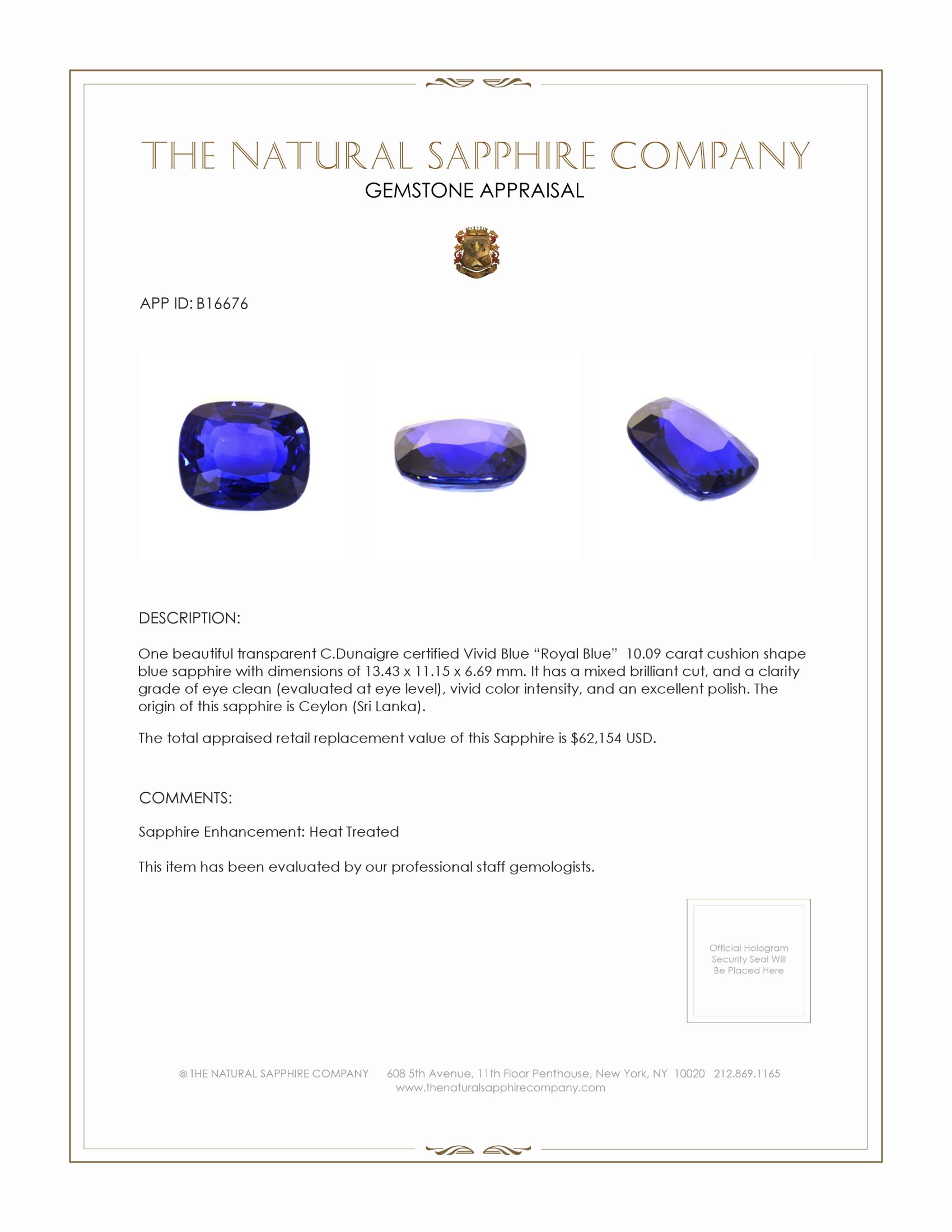 10.09 Ct. Blue Sapphire from Ceylon (Sri Lanka)