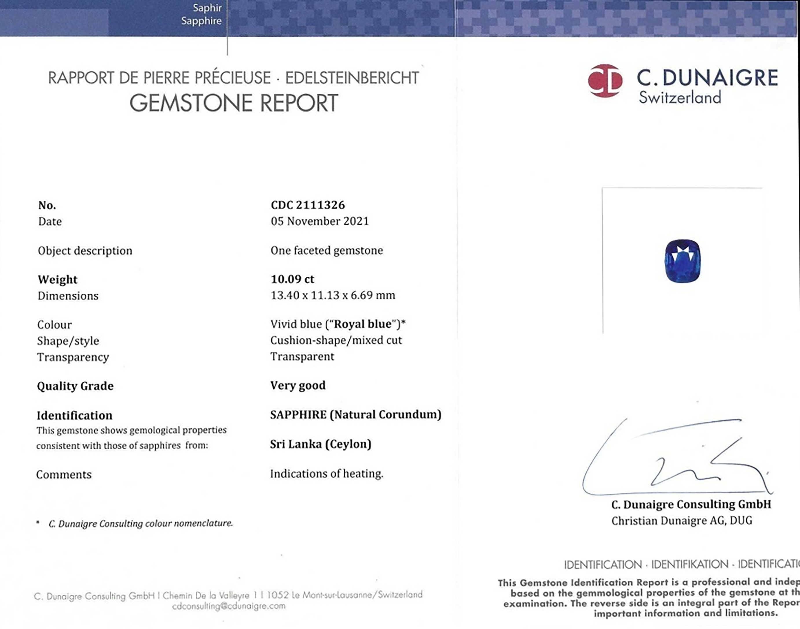 10.09 Ct. Blue Sapphire from Ceylon (Sri Lanka)