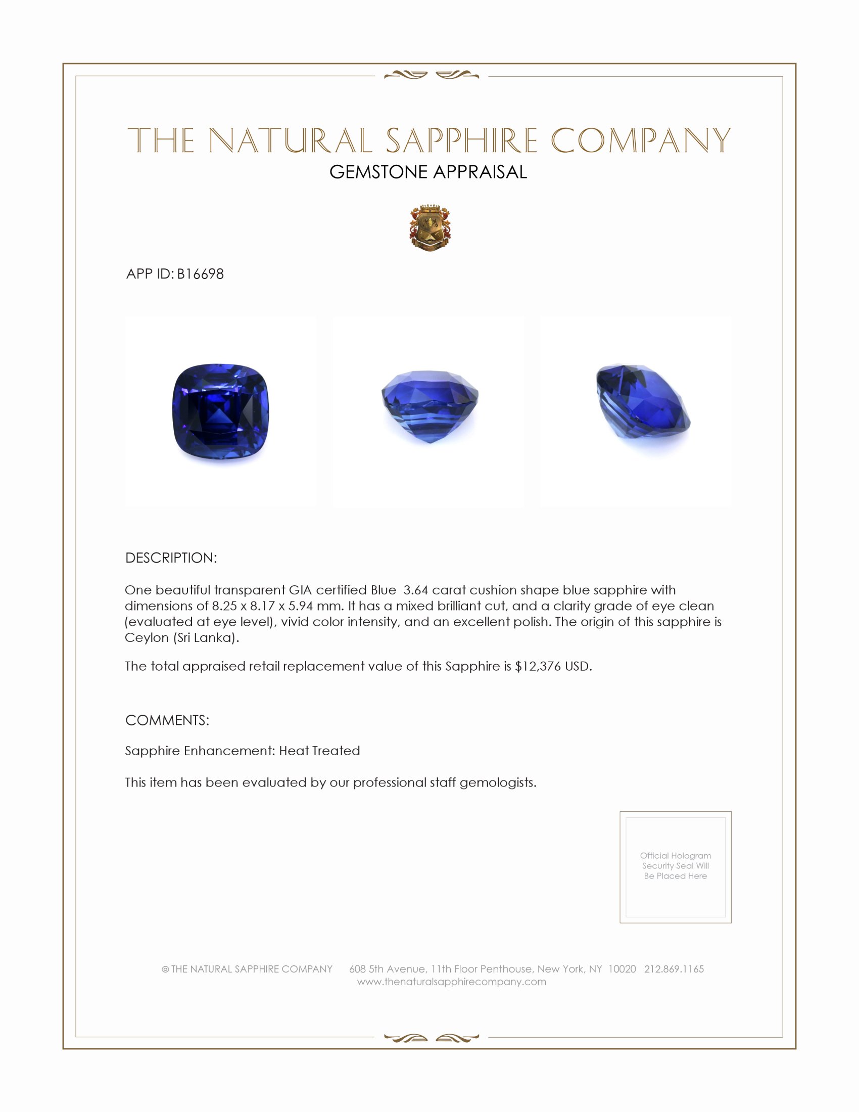 3.64 Ct. Blue Sapphire from Ceylon (Sri Lanka)
