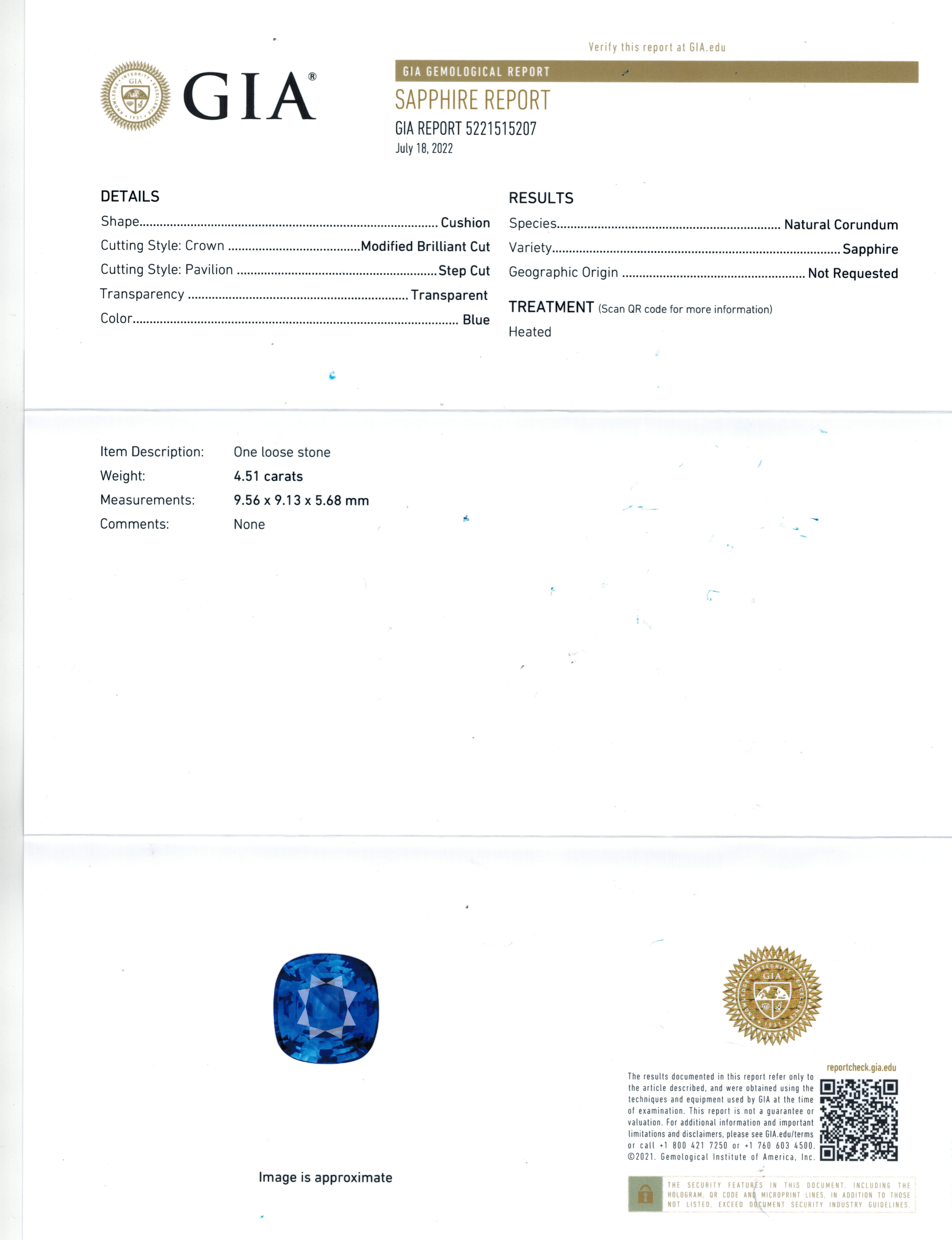 4.51 Ct. Blue Sapphire from Ceylon (Sri Lanka)