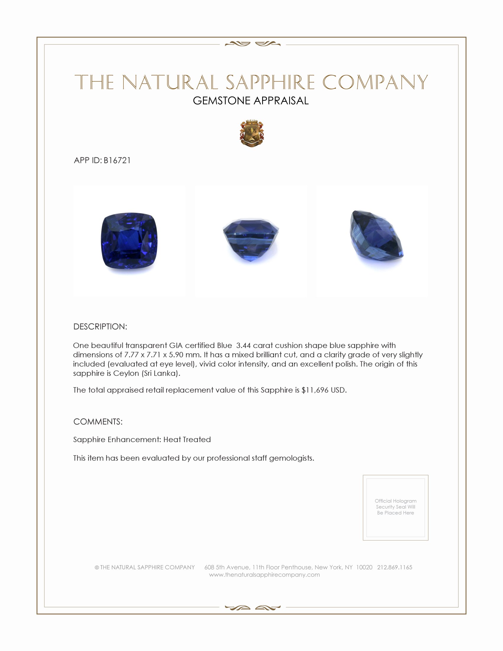 3.44 Ct. Blue Sapphire from Ceylon (Sri Lanka)