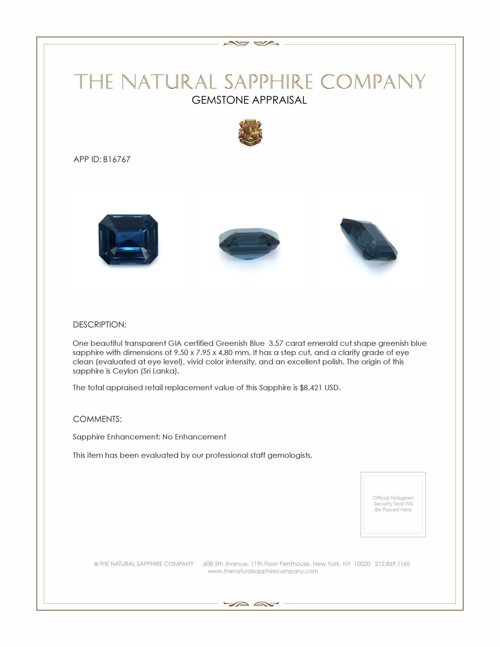 3.57 Ct. Greenish Blue Sapphire from Ceylon (Sri Lanka)