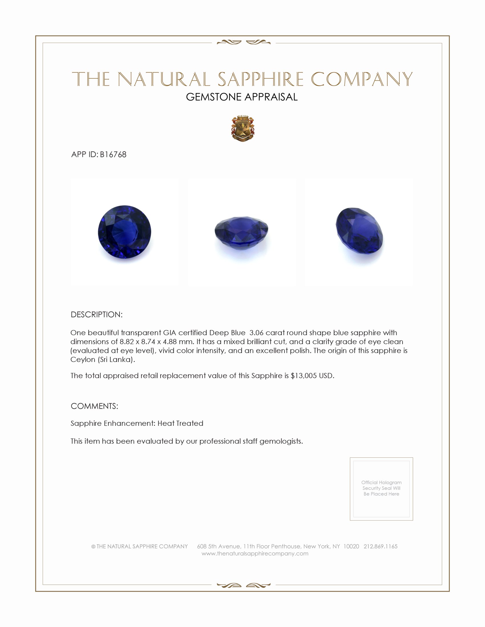 3.06 Ct. Blue Sapphire from Ceylon (Sri Lanka)