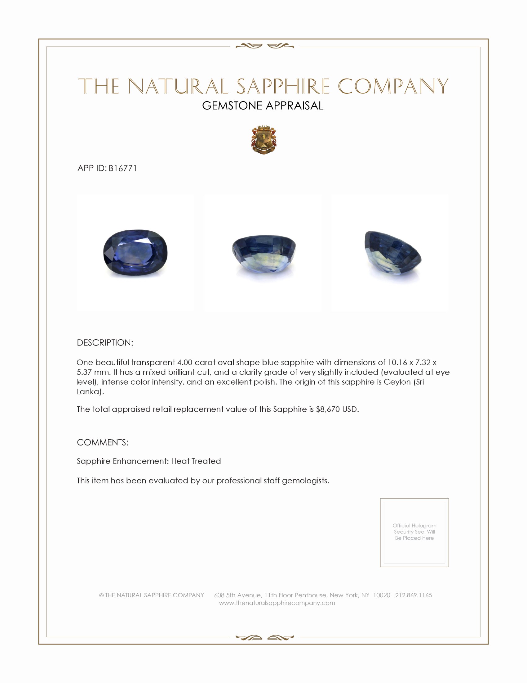 4.00 Ct. Blue Sapphire from Ceylon (Sri Lanka)