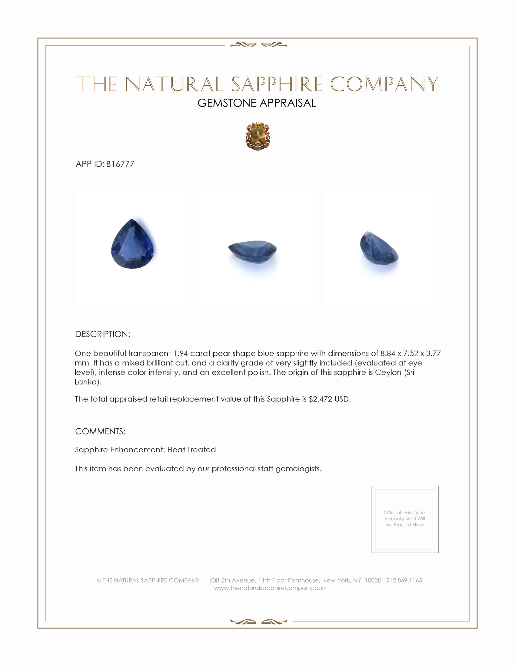 1.94 Ct. Blue Sapphire from Ceylon (Sri Lanka)