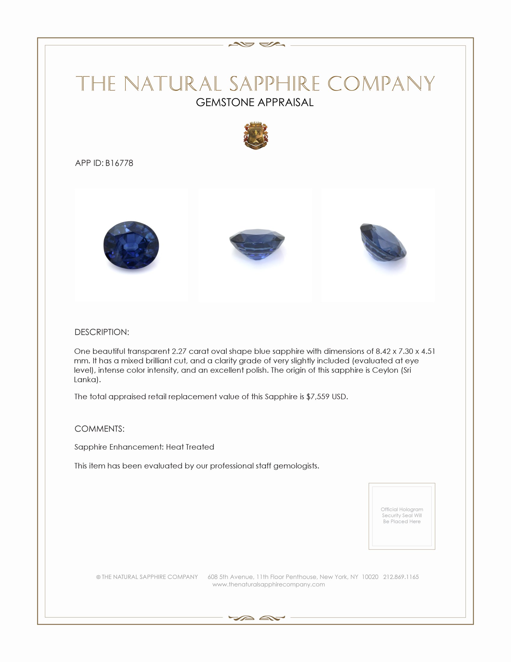 2.27 Ct. Blue Sapphire from Ceylon (Sri Lanka)