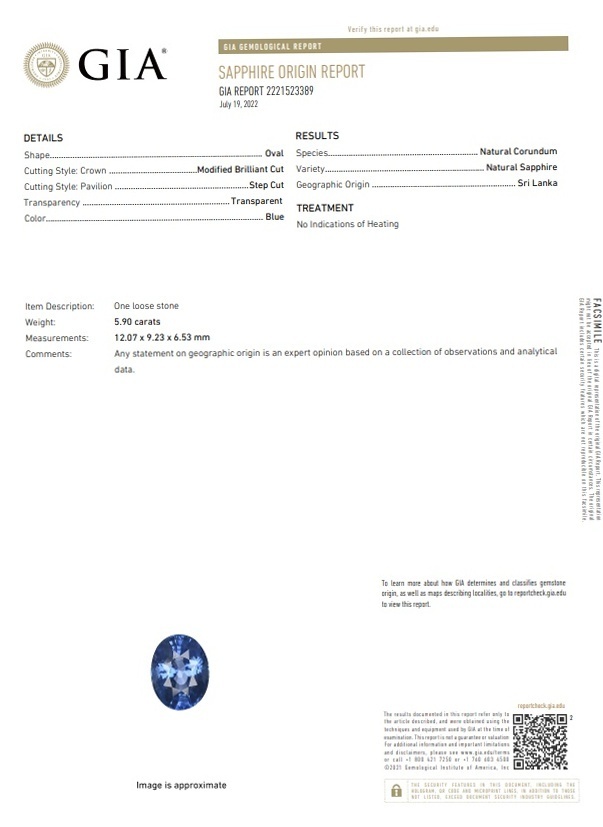 5.90 Ct. Blue Sapphire from Ceylon (Sri Lanka)