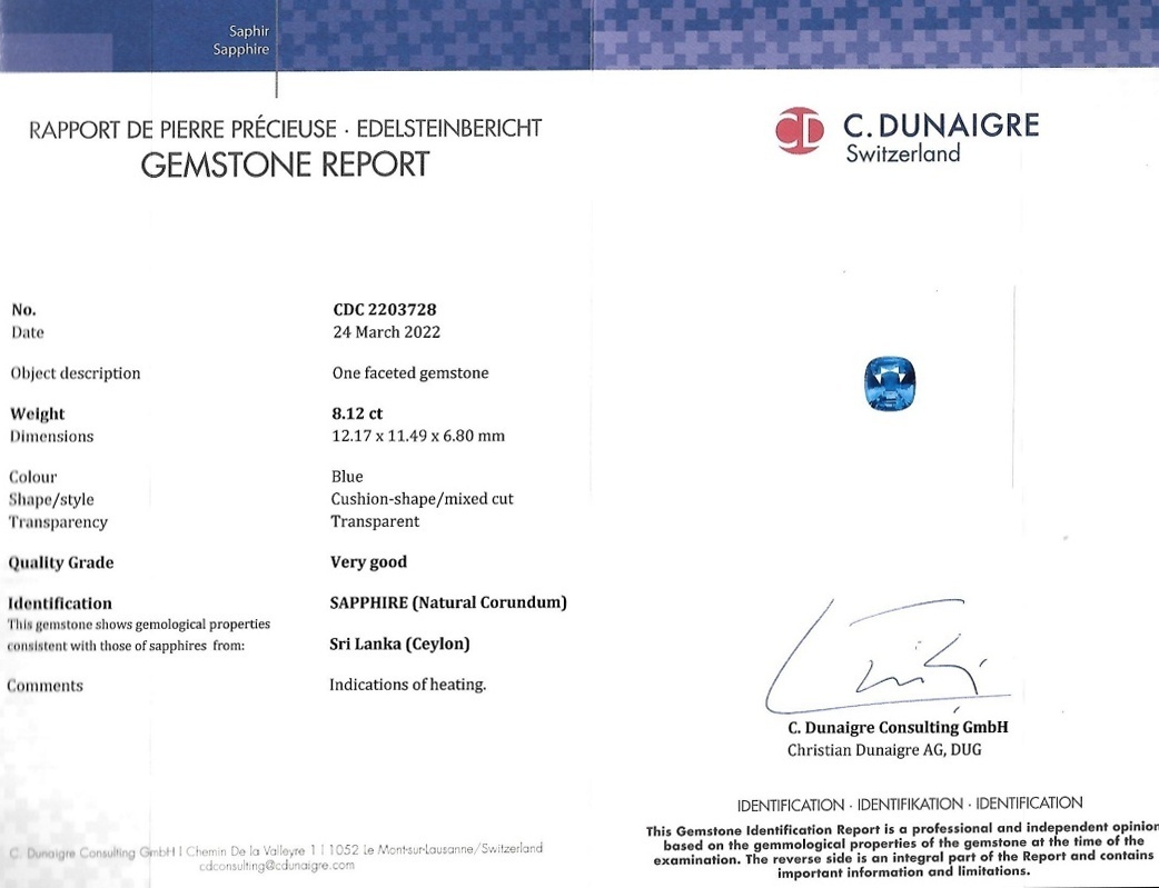 8.12 Ct. Blue Sapphire from Ceylon (Sri Lanka)
