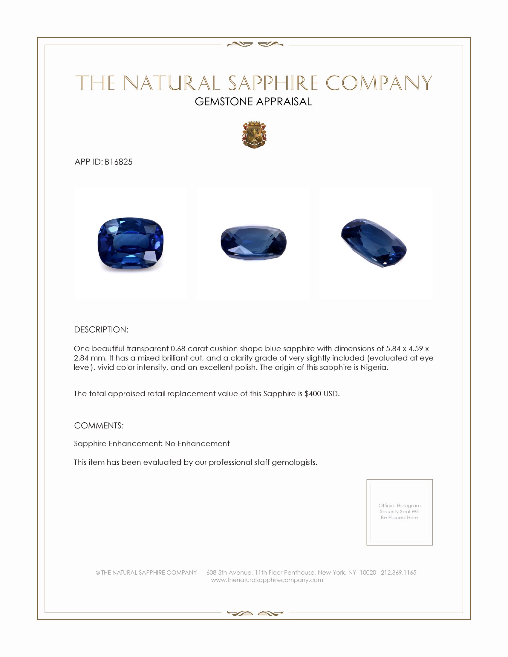 0.68 Ct. Blue Sapphire from Nigeria