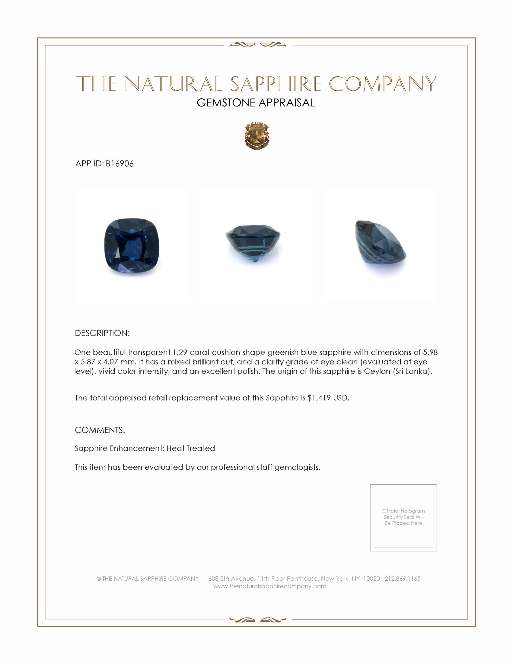 1.29 Ct. Greenish Blue Sapphire from Ceylon (Sri Lanka)