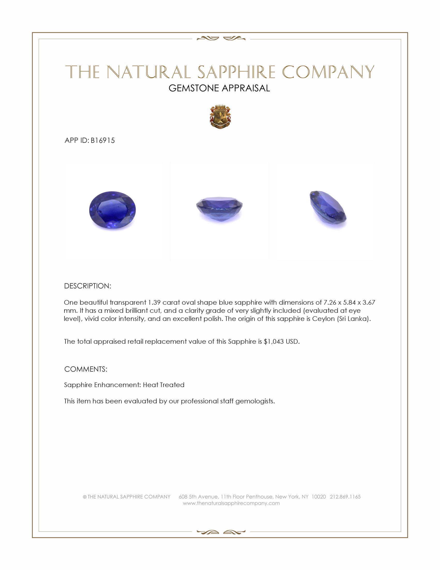 1.39 Ct. Blue Sapphire from Ceylon (Sri Lanka)