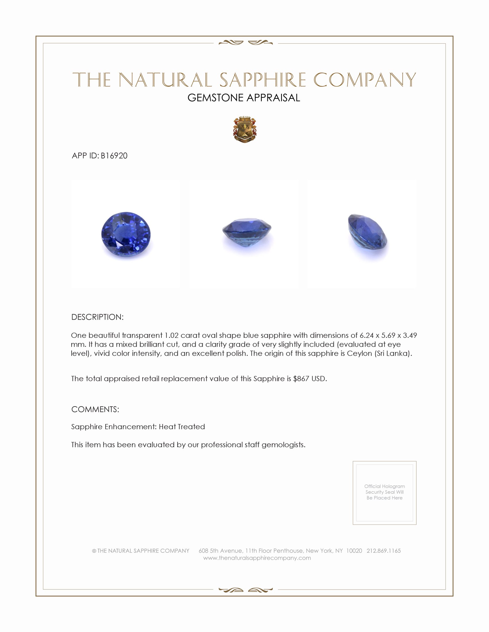 1.02 Ct. Blue Sapphire from Ceylon (Sri Lanka)