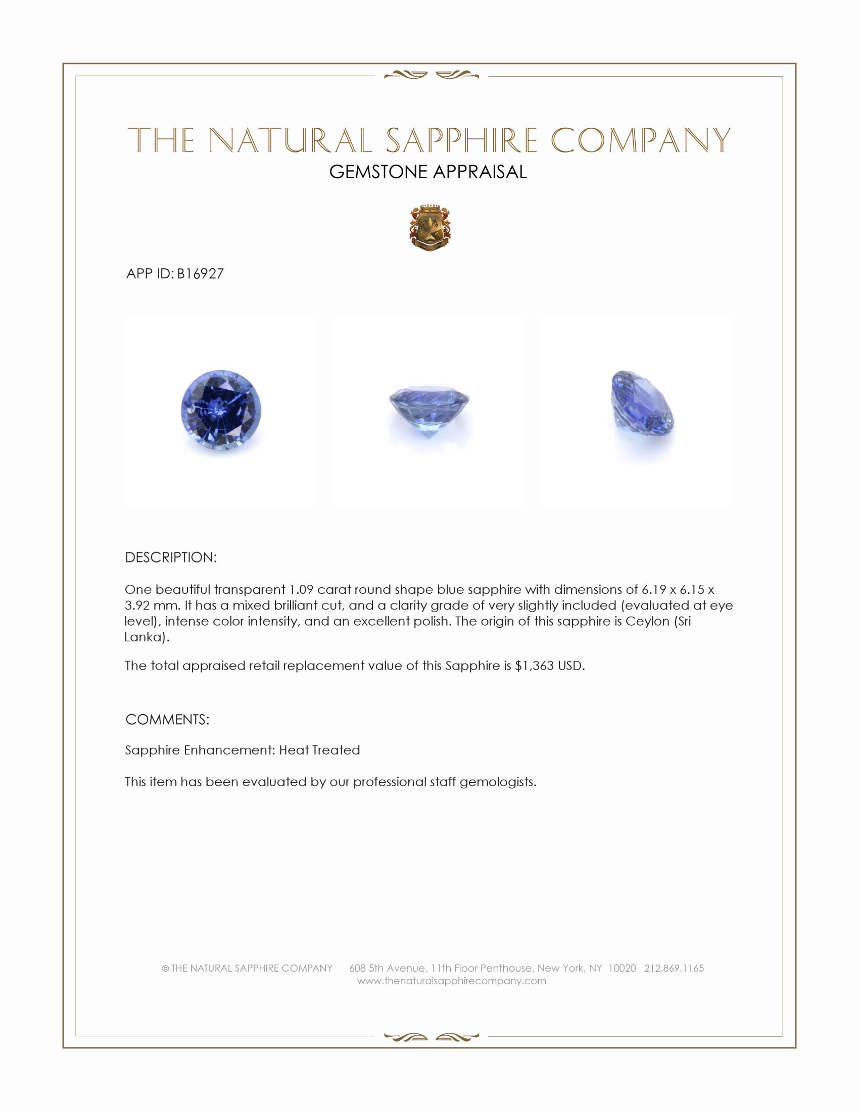 1.09 Ct. Blue Sapphire from Ceylon (Sri Lanka)