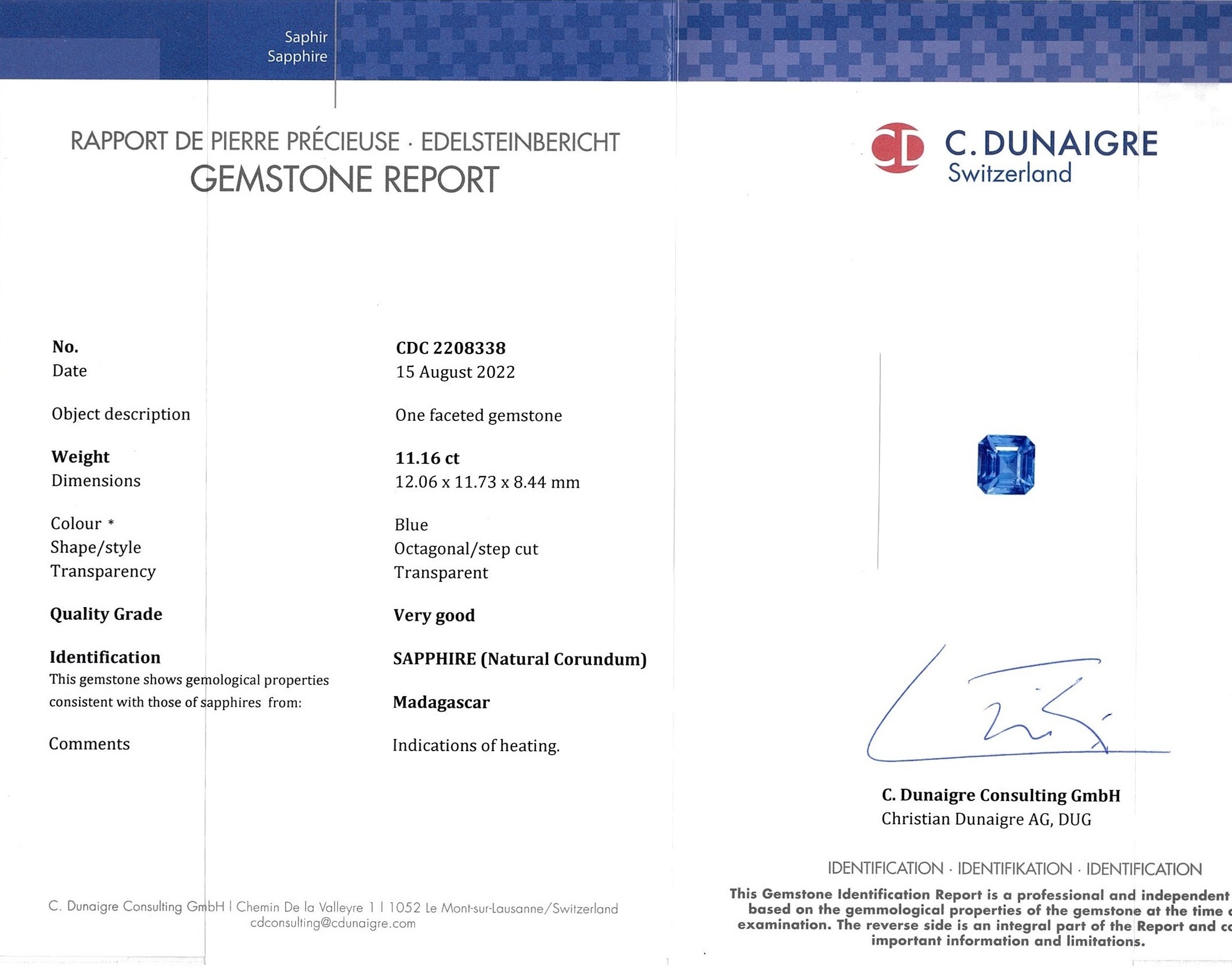 11.16 Ct. Blue Sapphire from Madagascar