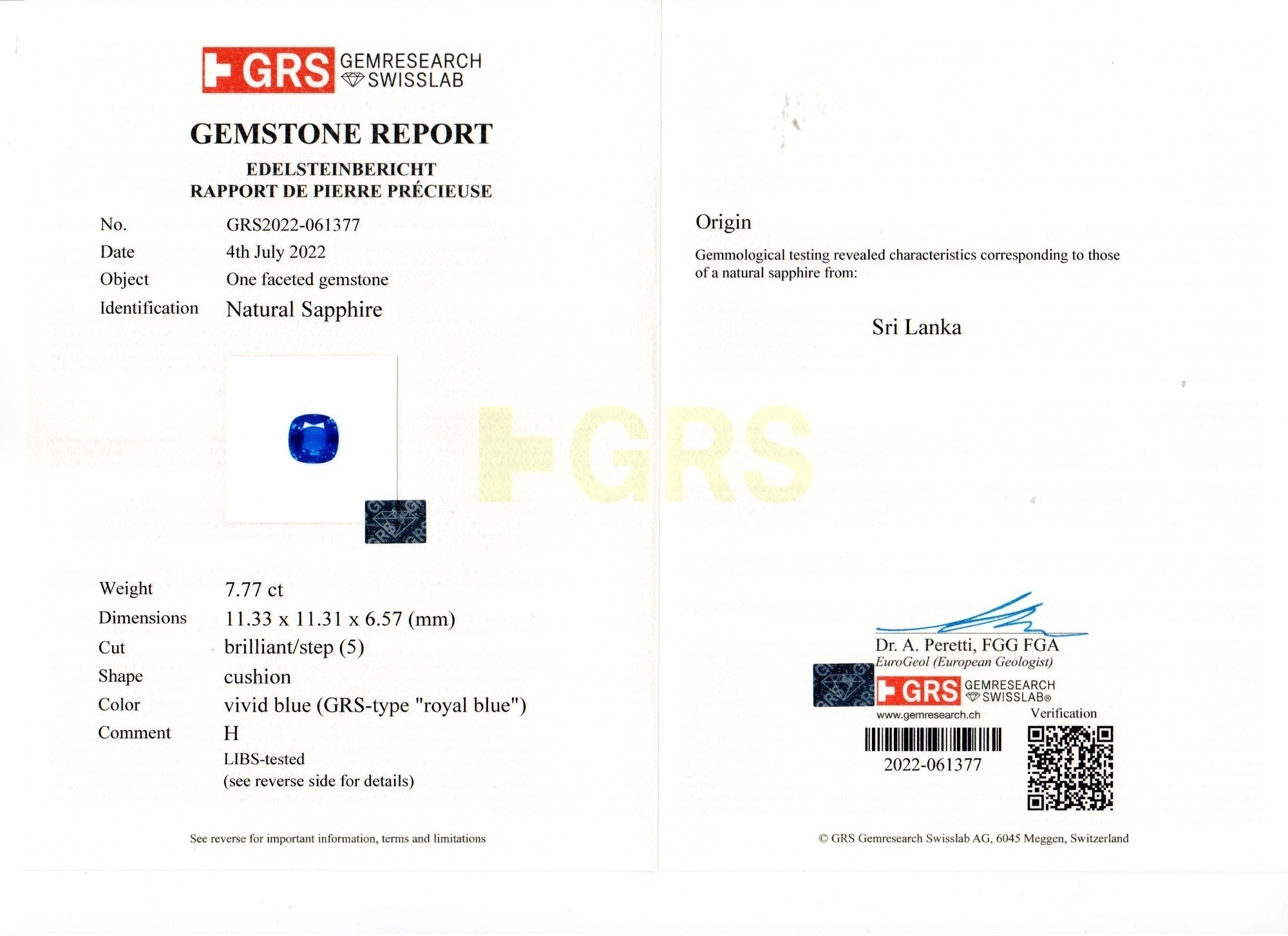 7.77 Ct. Blue Sapphire from Ceylon (Sri Lanka)