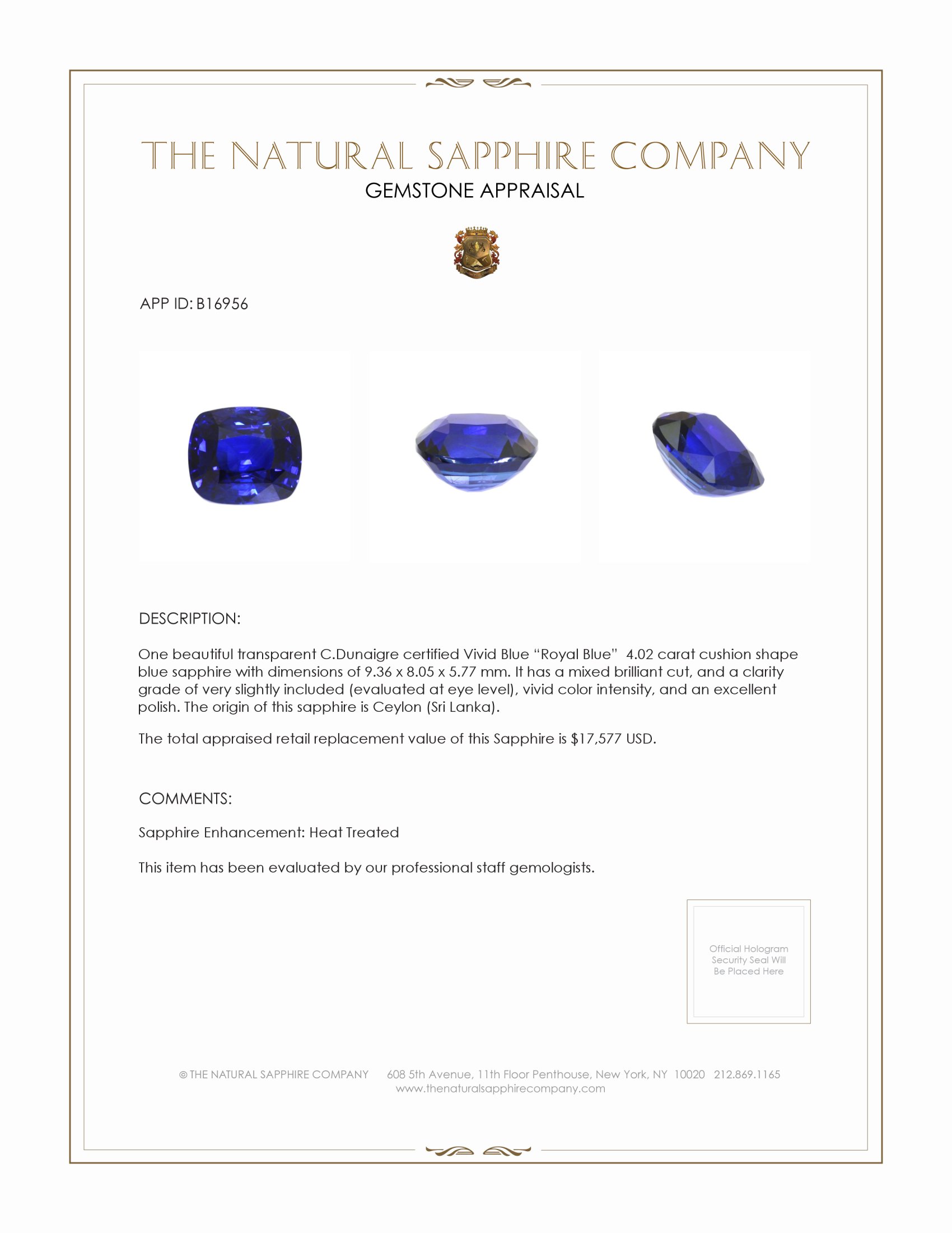 4.02 Ct. Blue Sapphire from Ceylon (Sri Lanka)