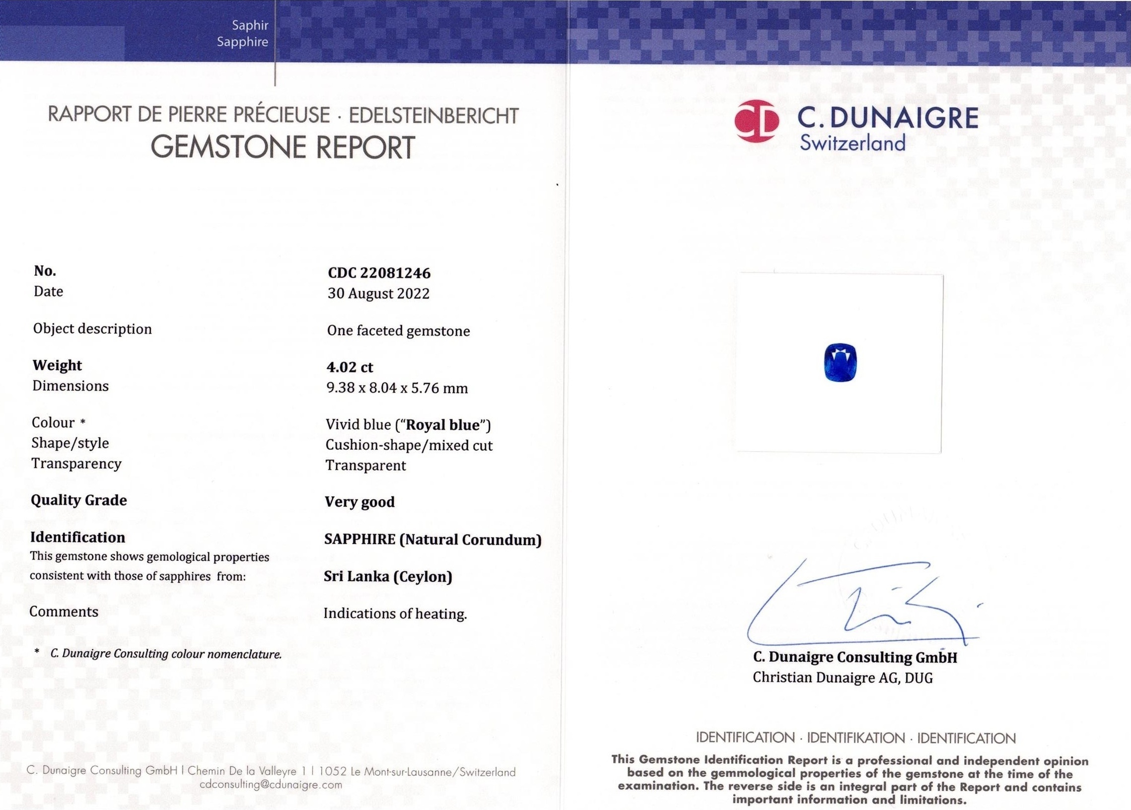 4.02 Ct. Blue Sapphire from Ceylon (Sri Lanka)