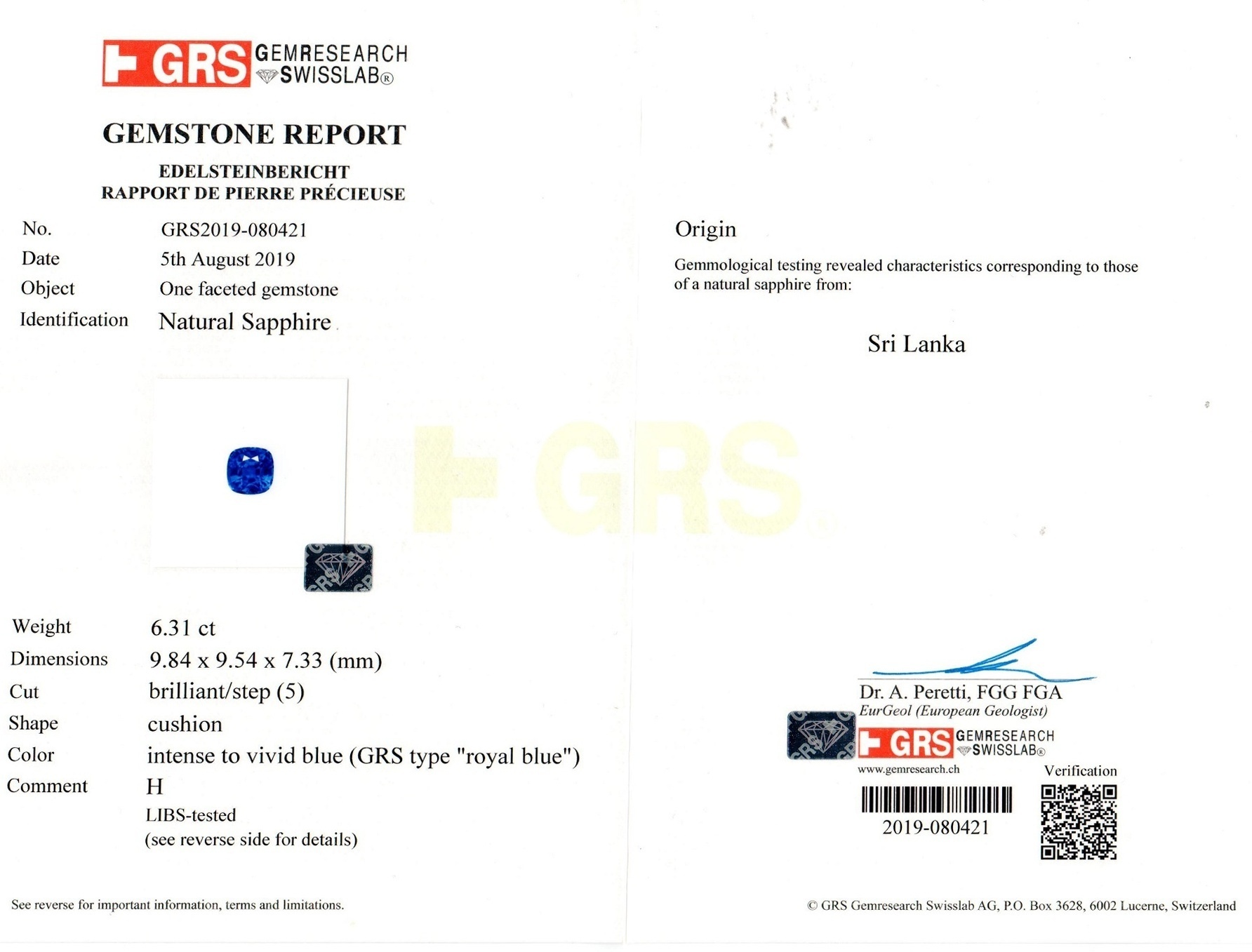 6.31 Ct. Blue Sapphire from Ceylon (Sri Lanka)