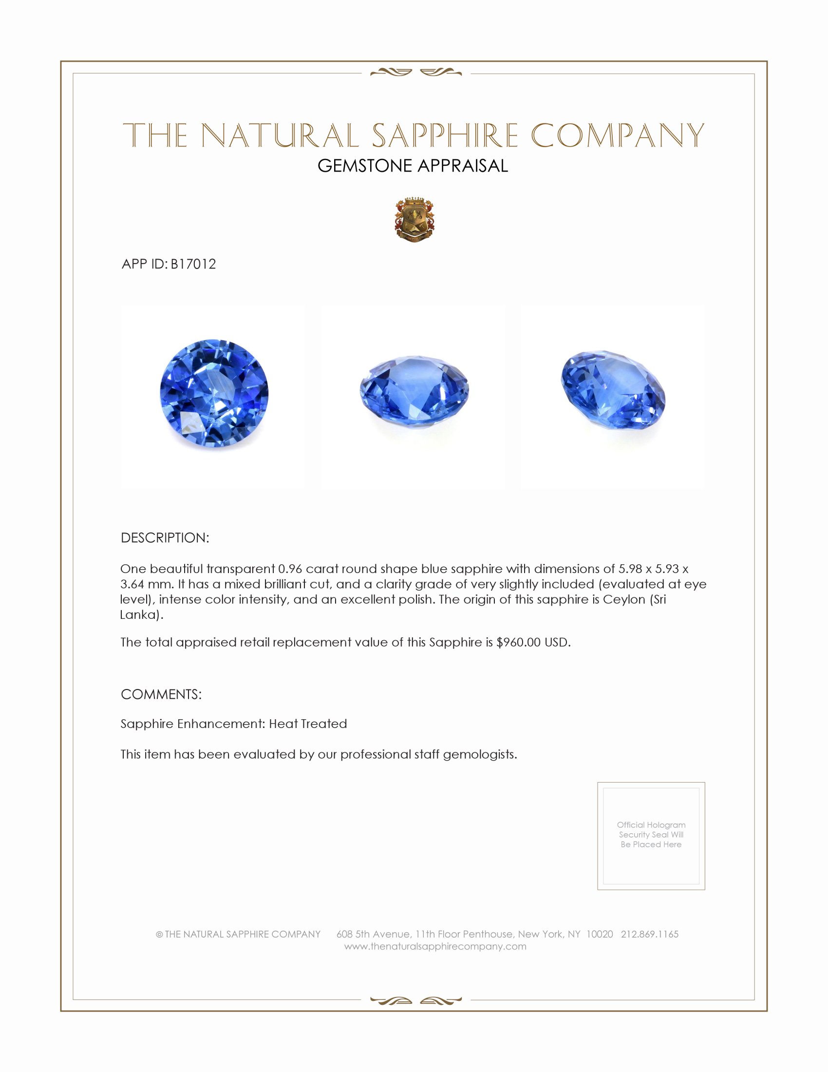 0.96 Ct. Blue Sapphire from Ceylon (Sri Lanka)