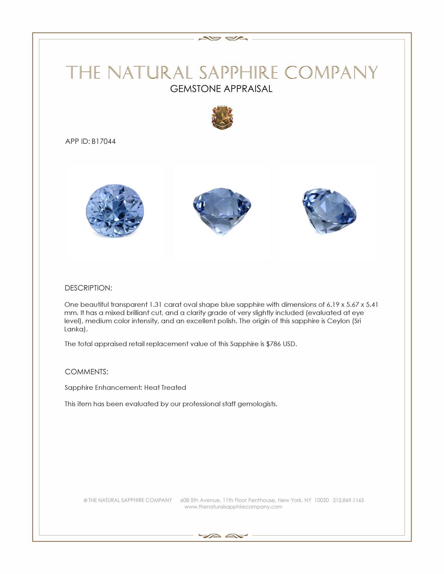 1.31 Ct. Blue Sapphire from Ceylon (Sri Lanka)