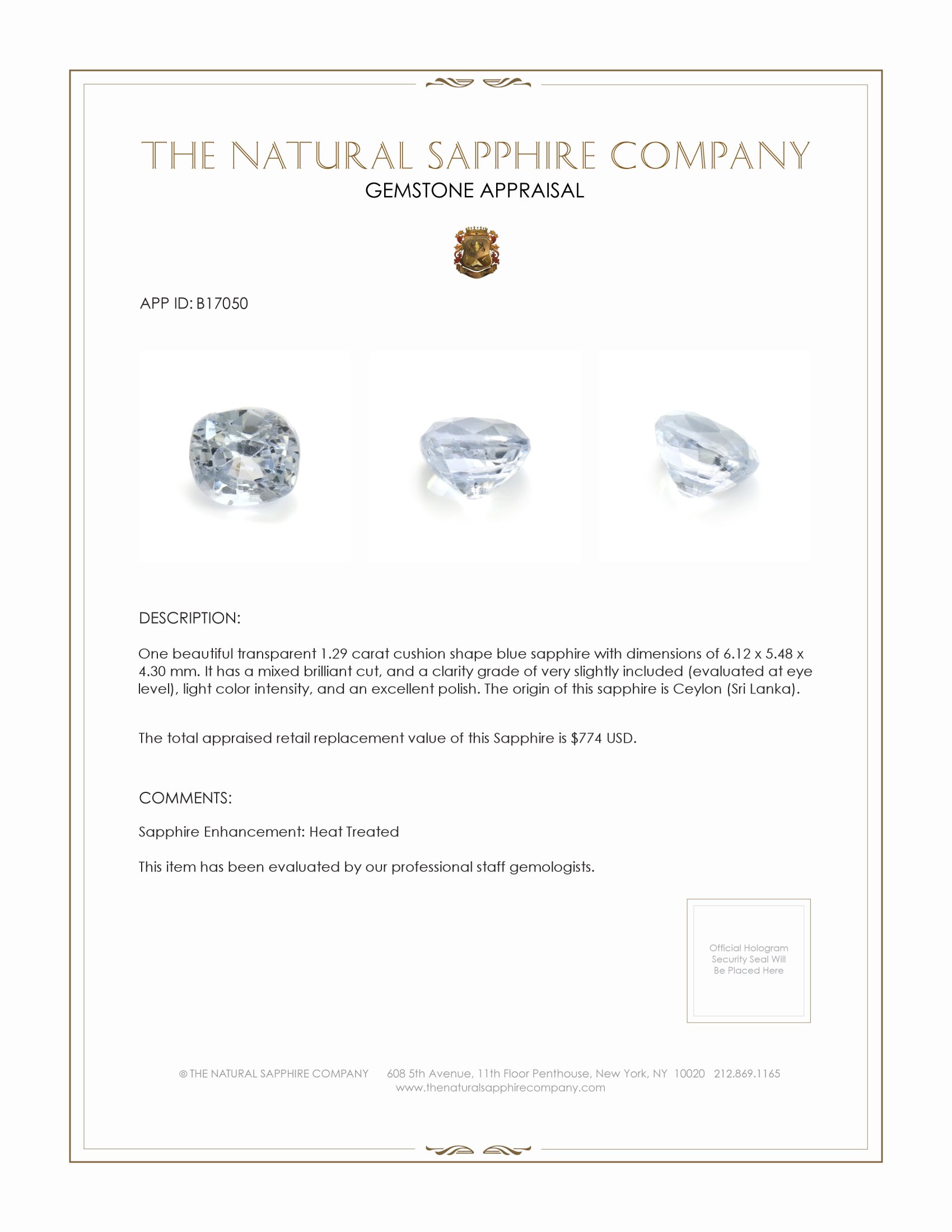 1.29 Ct. Blue Sapphire from Ceylon (Sri Lanka)