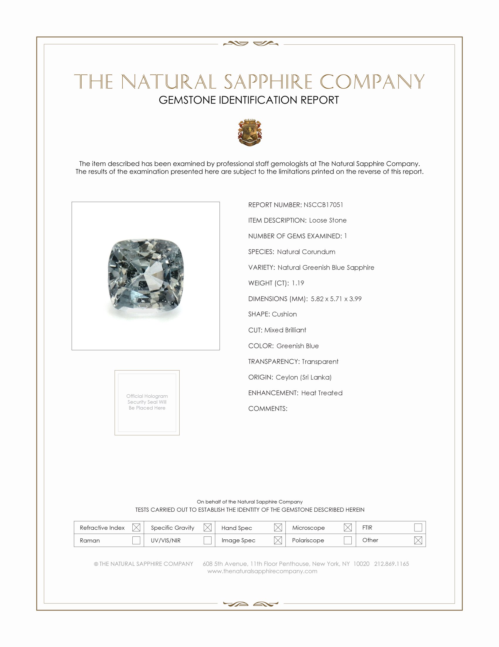 1.19 Ct. Greenish Blue Sapphire from Ceylon (Sri Lanka)