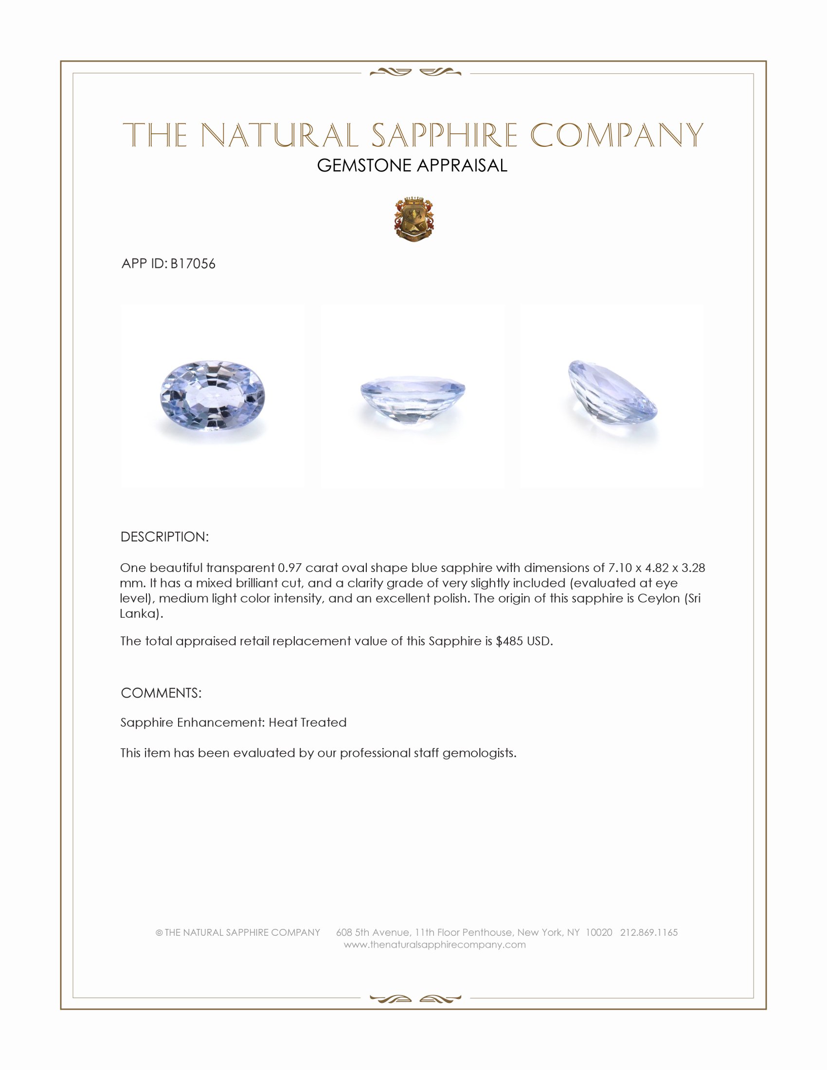 0.97 Ct. Blue Sapphire from Ceylon (Sri Lanka)